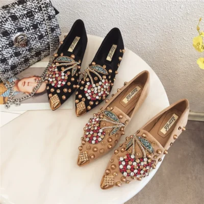 Woman Flats Shoes Rhinestone Cherry Spring New Female Metal Pointed Toe Casual Shoes Comfortable Flat Shoes