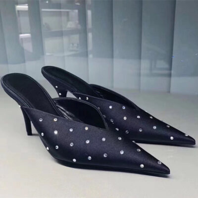 High-Heeled Shoes Baotou V-Mouth Thin Heel Pointed Slippers - Rhinestone Muller Shoes