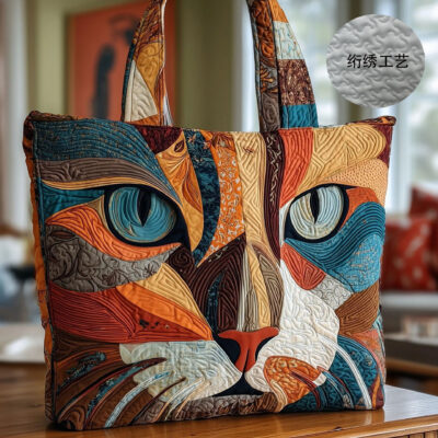 Molanizzi Creative Tote Bag: High-capacity bag with a digital print of a cat face and quilted embroidery.