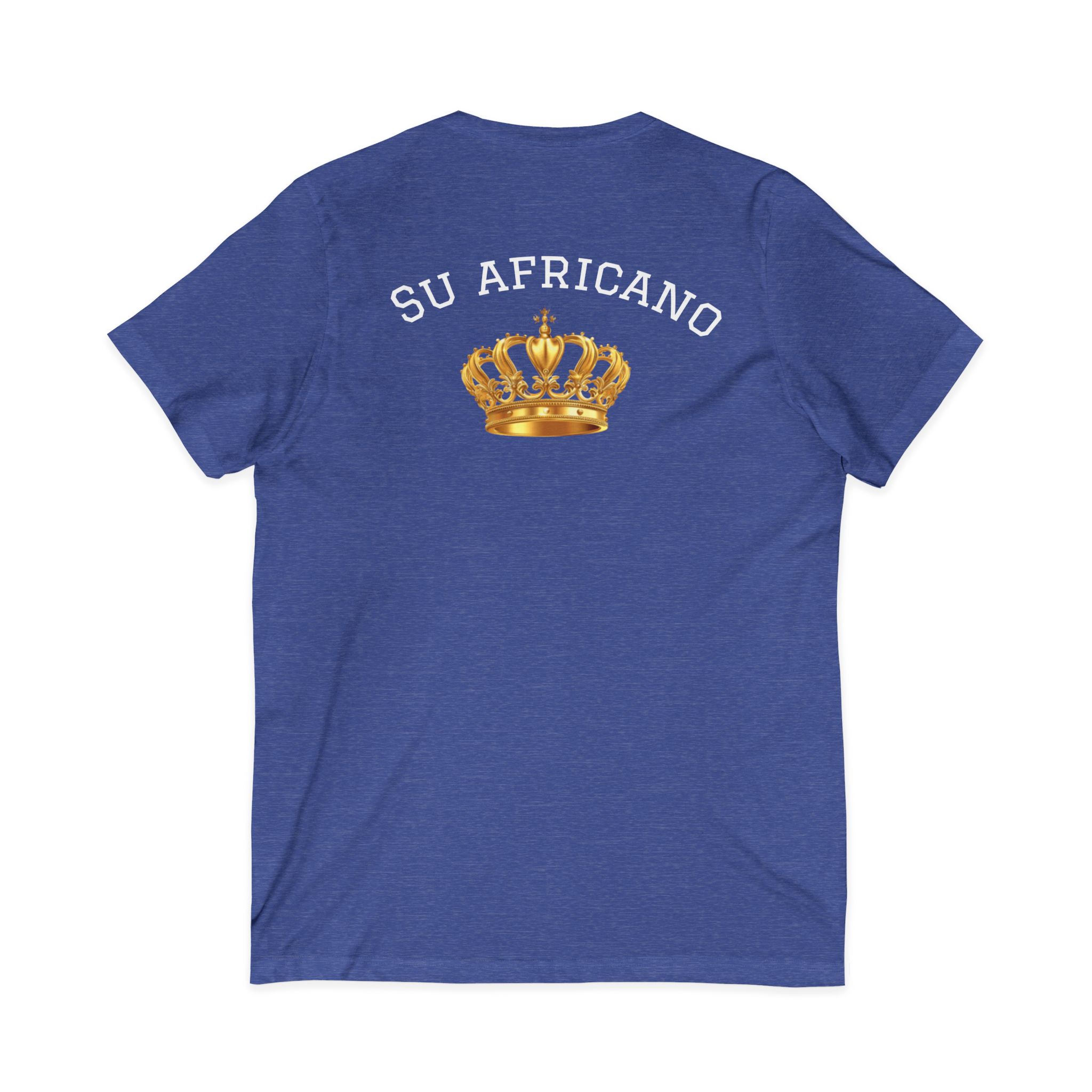 Unisex V-neck tee with "Su Africano" text and gold crown graphic