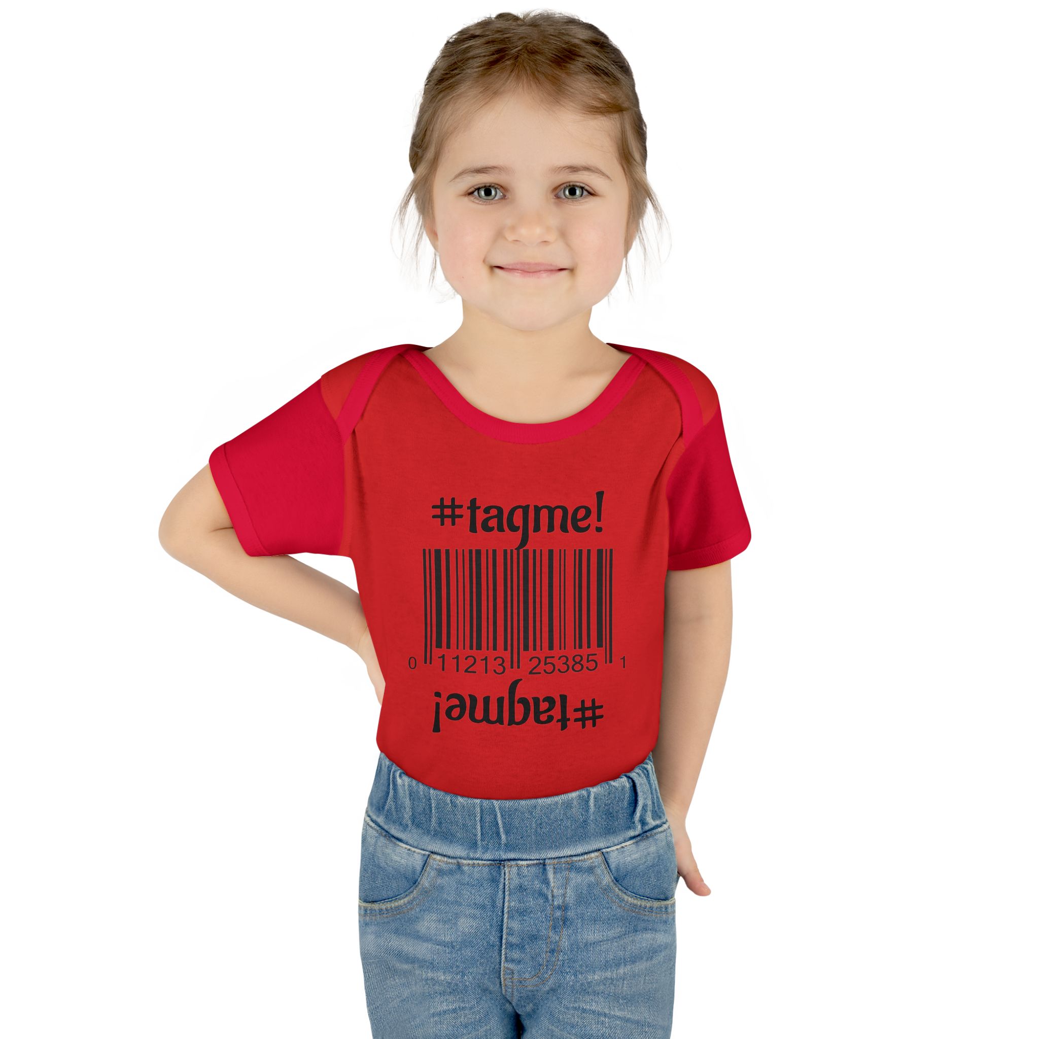 Molanizzi red cotton #tagme baby bodysuit with barcode design.