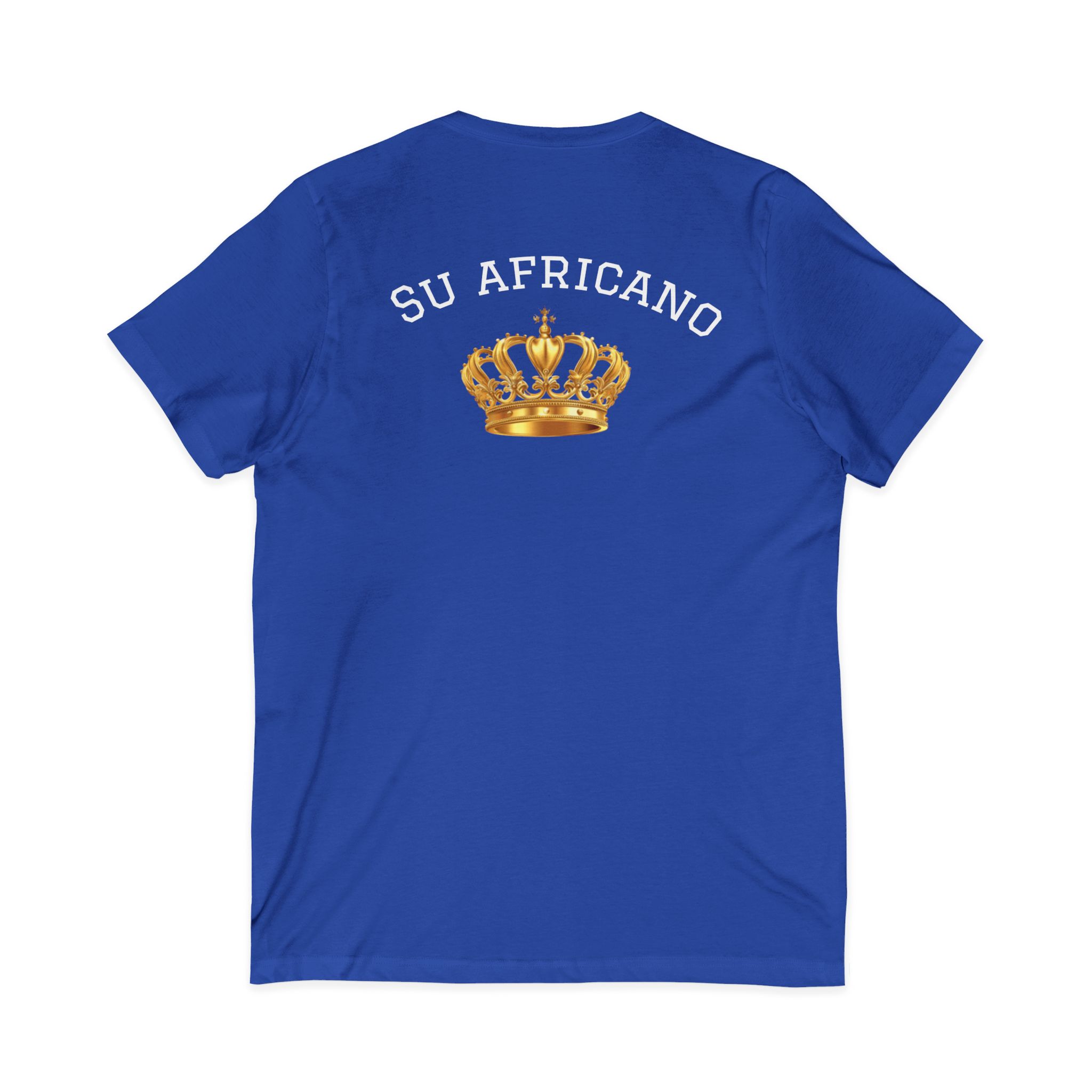 Unisex V-neck tee with "Su Africano" text and gold crown graphic