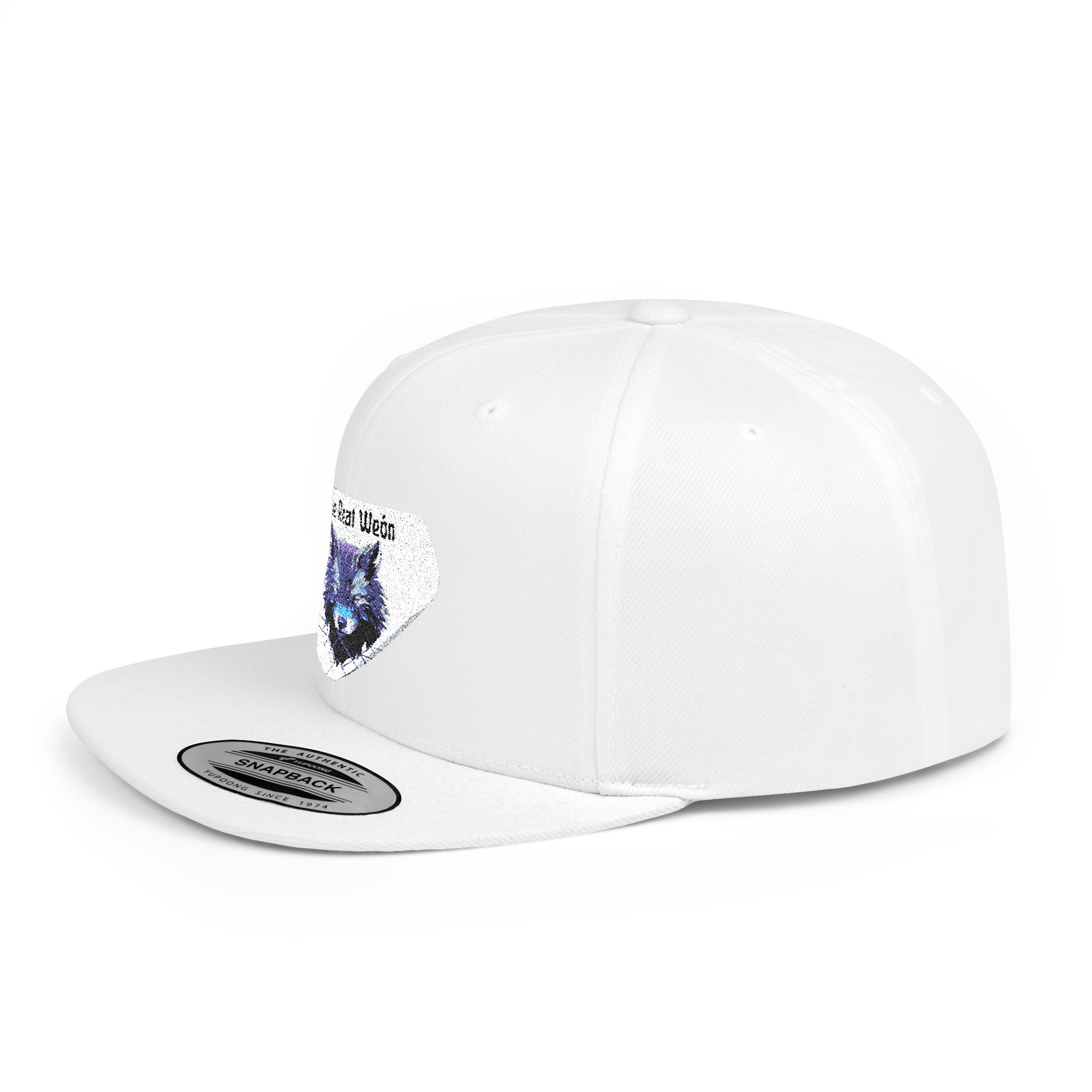 Flat bill snapback hat with a wolf graphic by Molanizzi