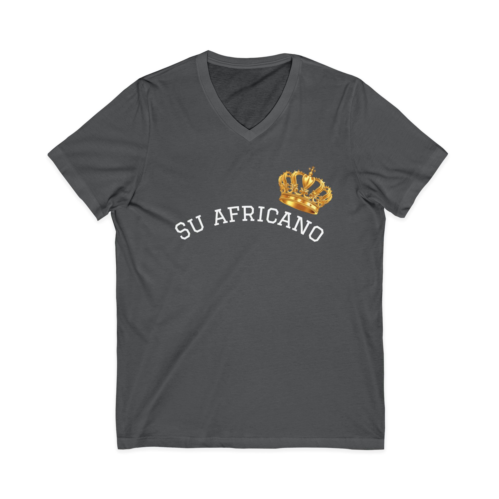 Unisex V-neck tee with "Su Africano" text and gold crown graphic