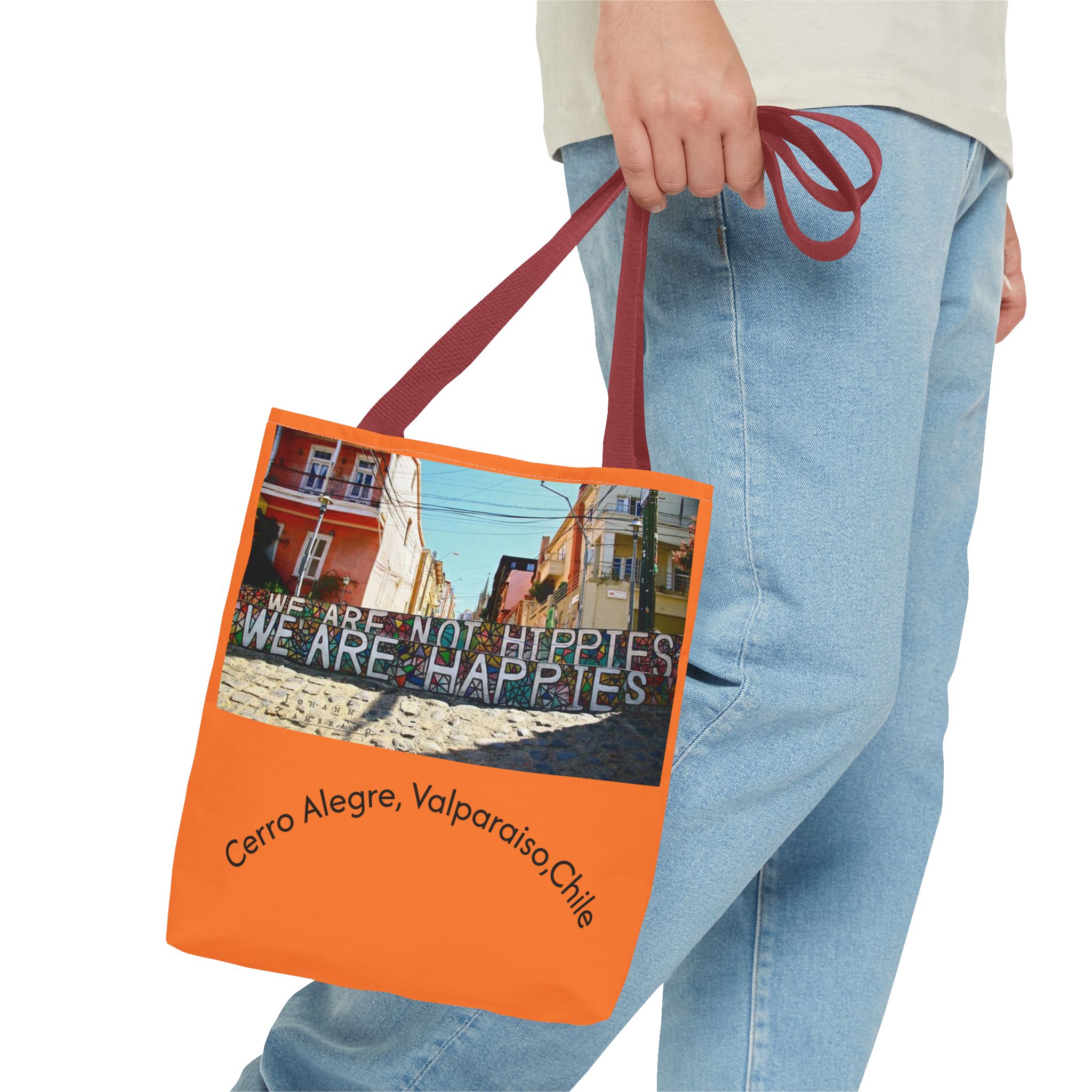 Orange colored Statement Tote bag with Valparaiso Graphic. By Molanizzi