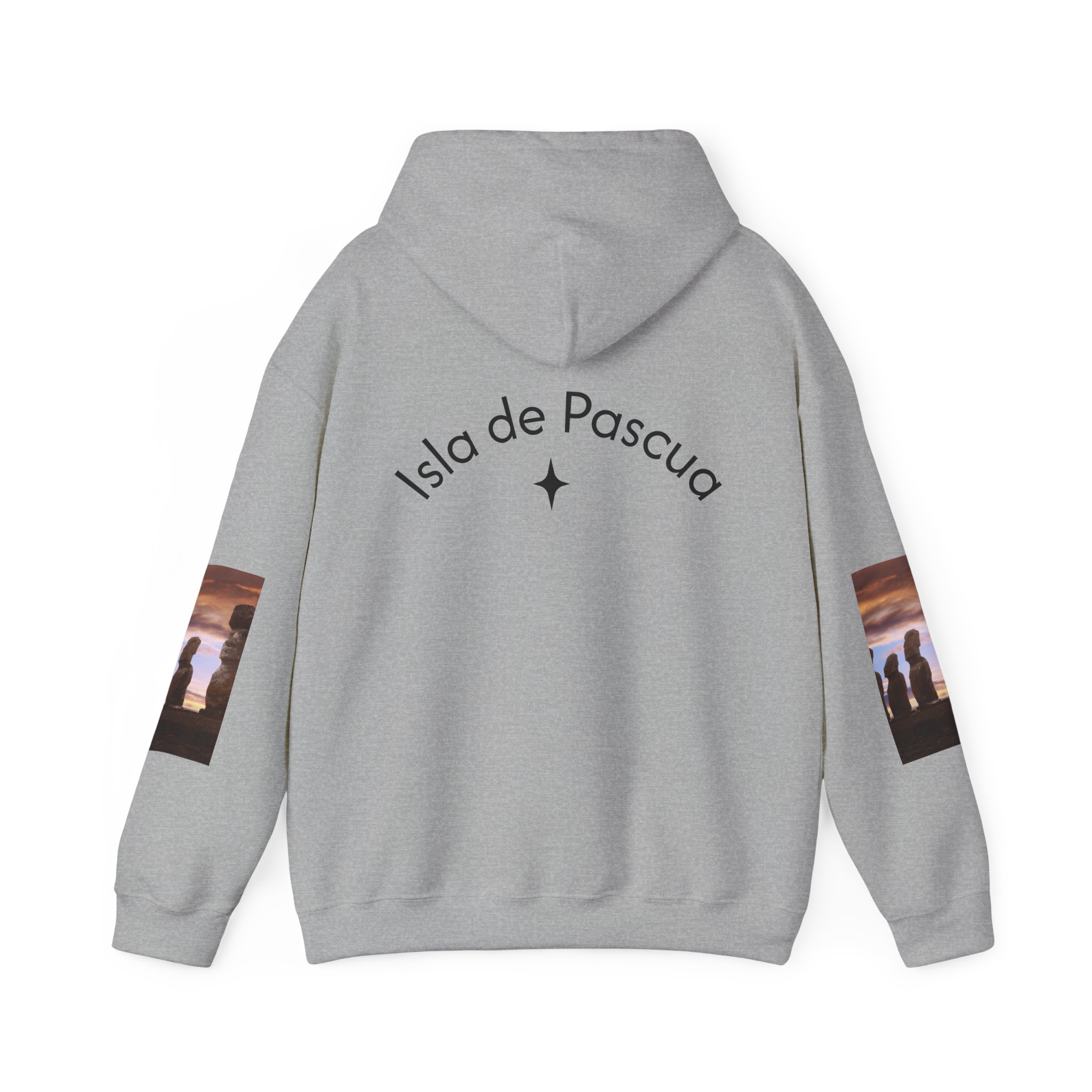 Hoodie sweatshirt with Easter Island Moai graphic and text. By Molanizzi
