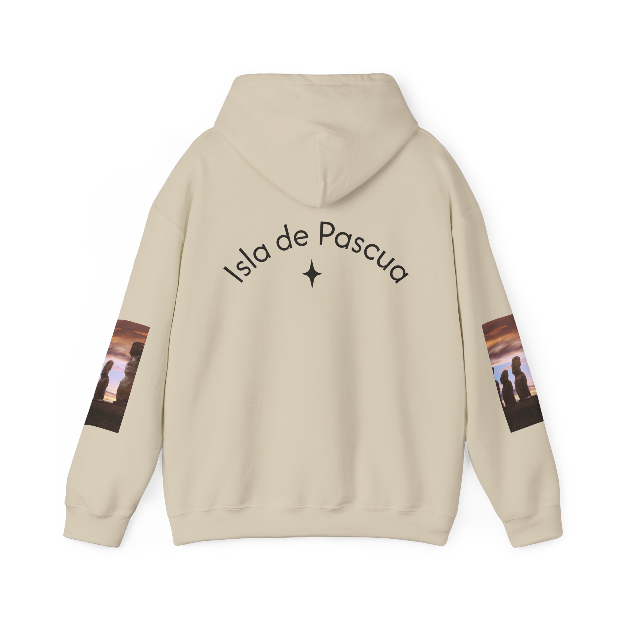 Hoodie sweatshirt with Easter Island Moai graphic and text. By Molanizzi