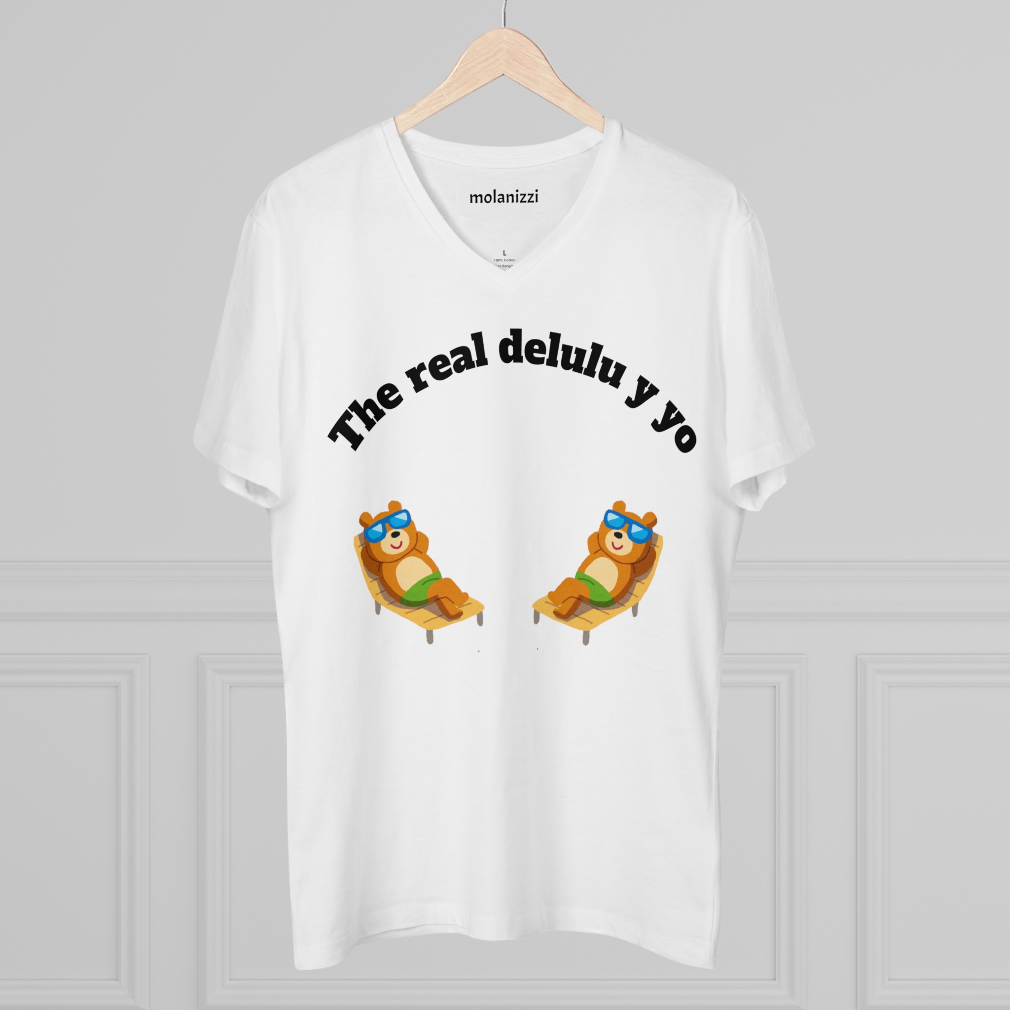 Molanizzi white v-neck tee with "The real delulu y yo" graphic and lounging bears