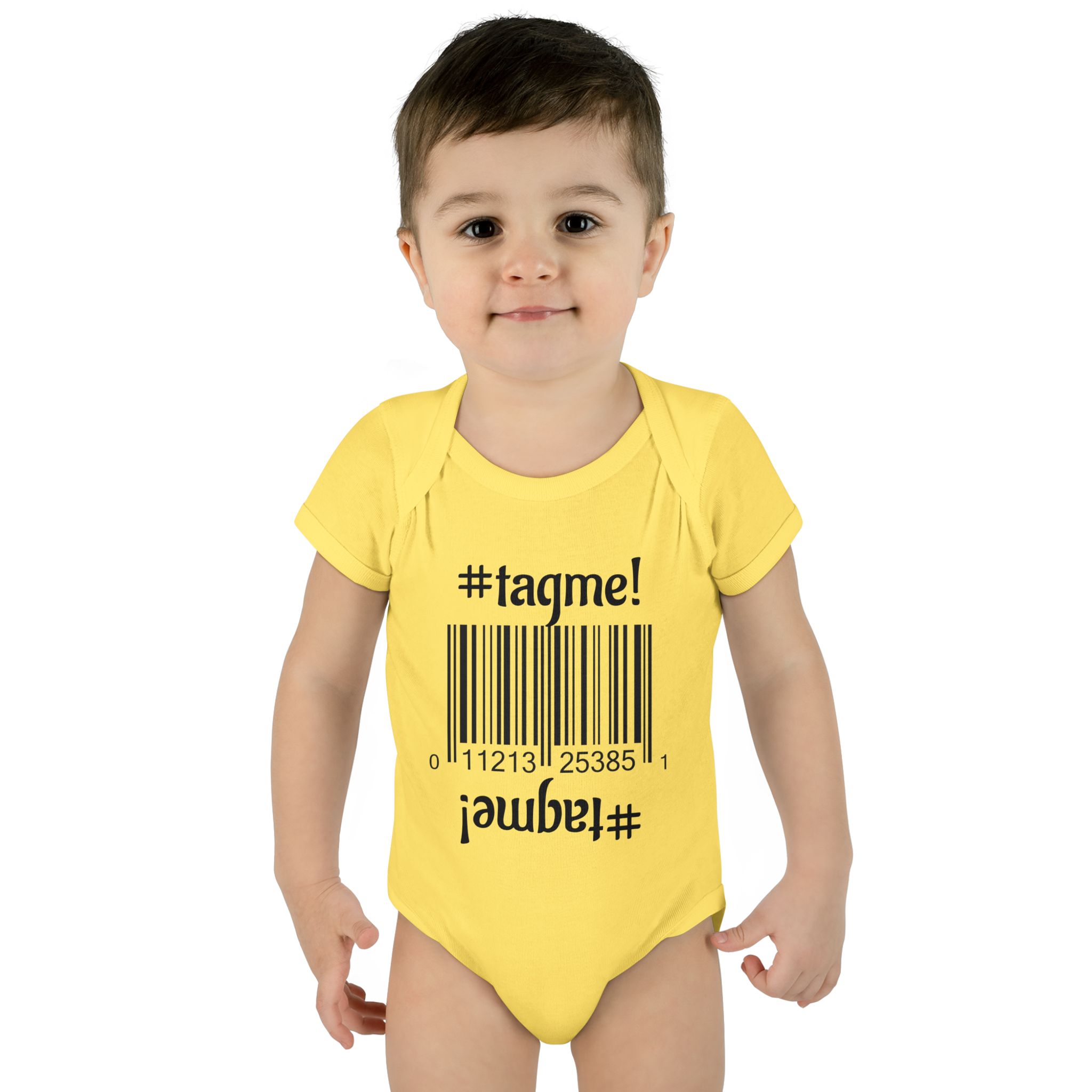Cotton baby bodysuit with barcode and #tagme design by Molanizzi