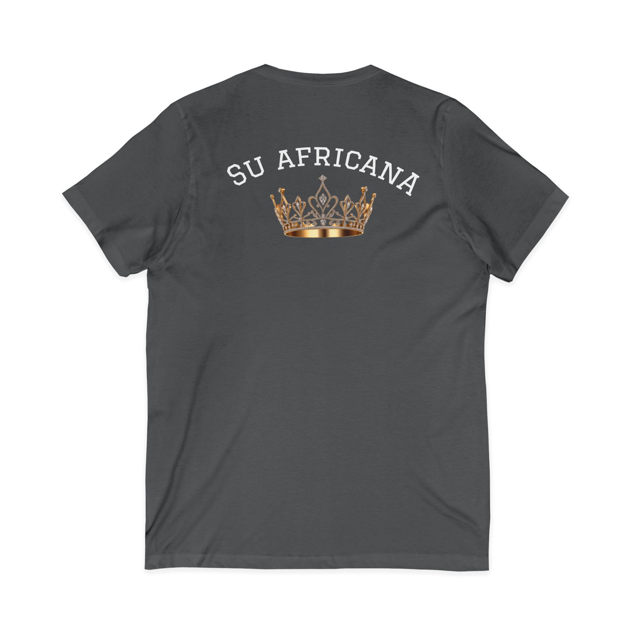 V-neck tee with "Su Africana" & crown graphic, unisex casual fashion