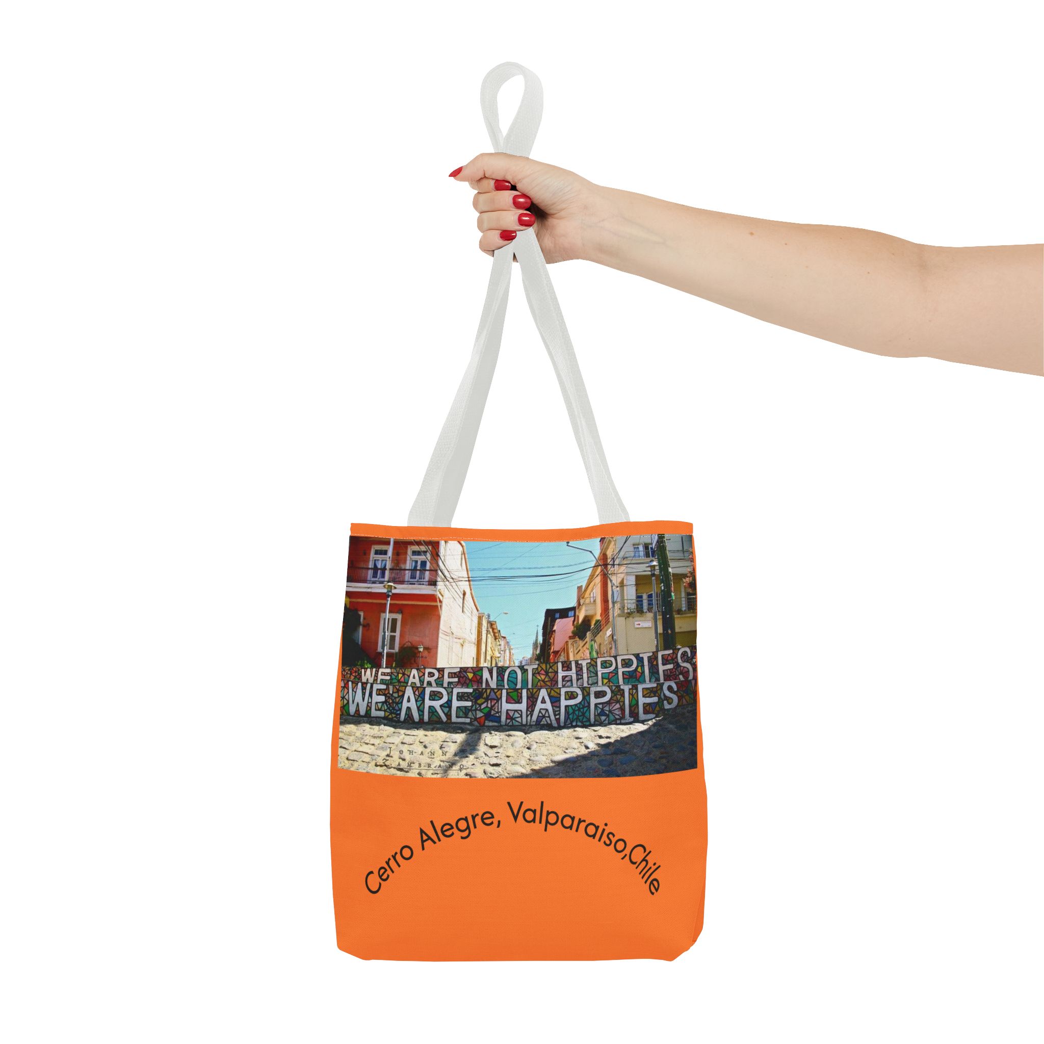 Orange colored Statement Tote bag with Valparaiso Graphic. By Molanizzi