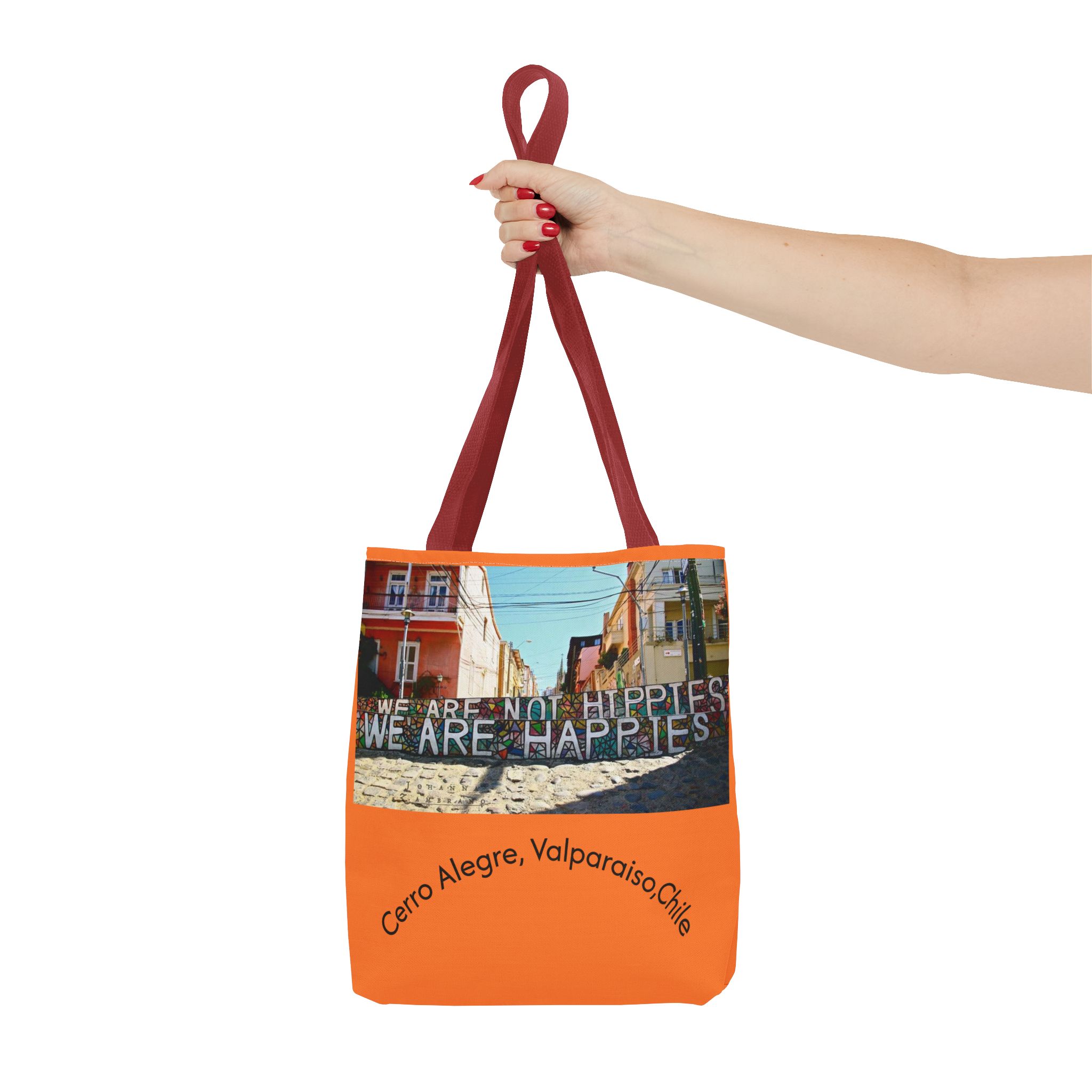 Orange colored Statement Tote bag with Valparaiso Graphic. By Molanizzi