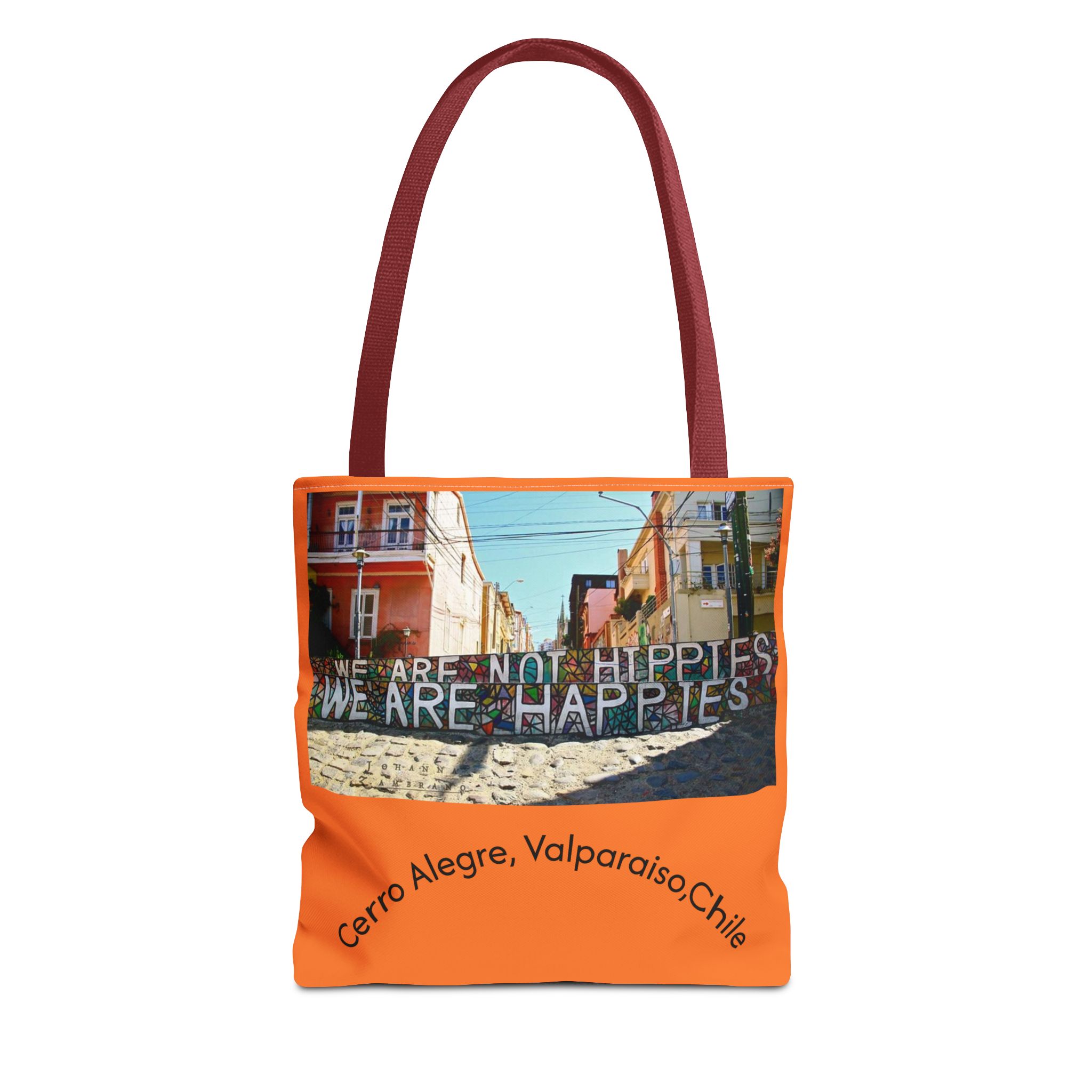 Orange colored Statement Tote bag with Valparaiso Graphic. By Molanizzi