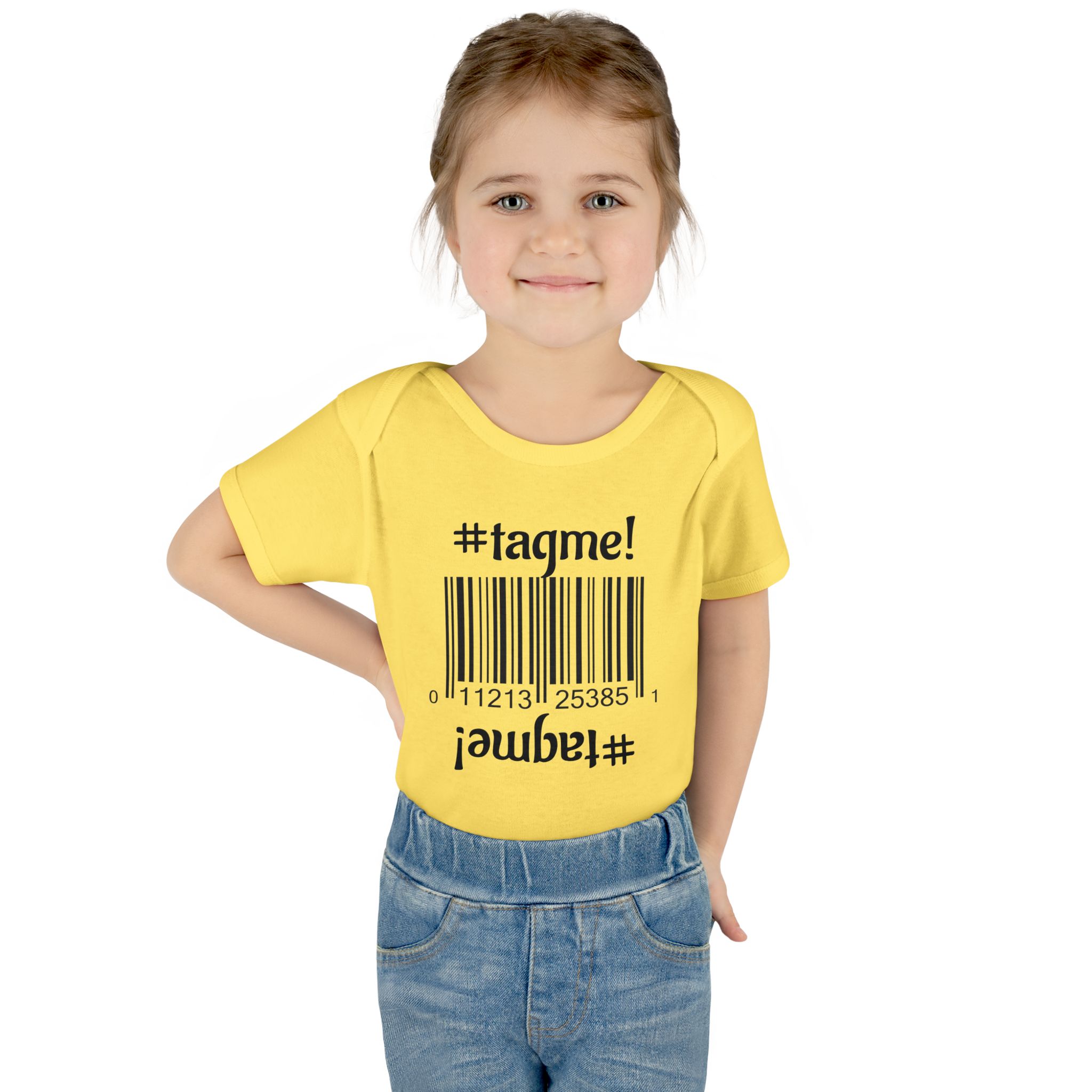 Cotton baby bodysuit with barcode and #tagme design by Molanizzi