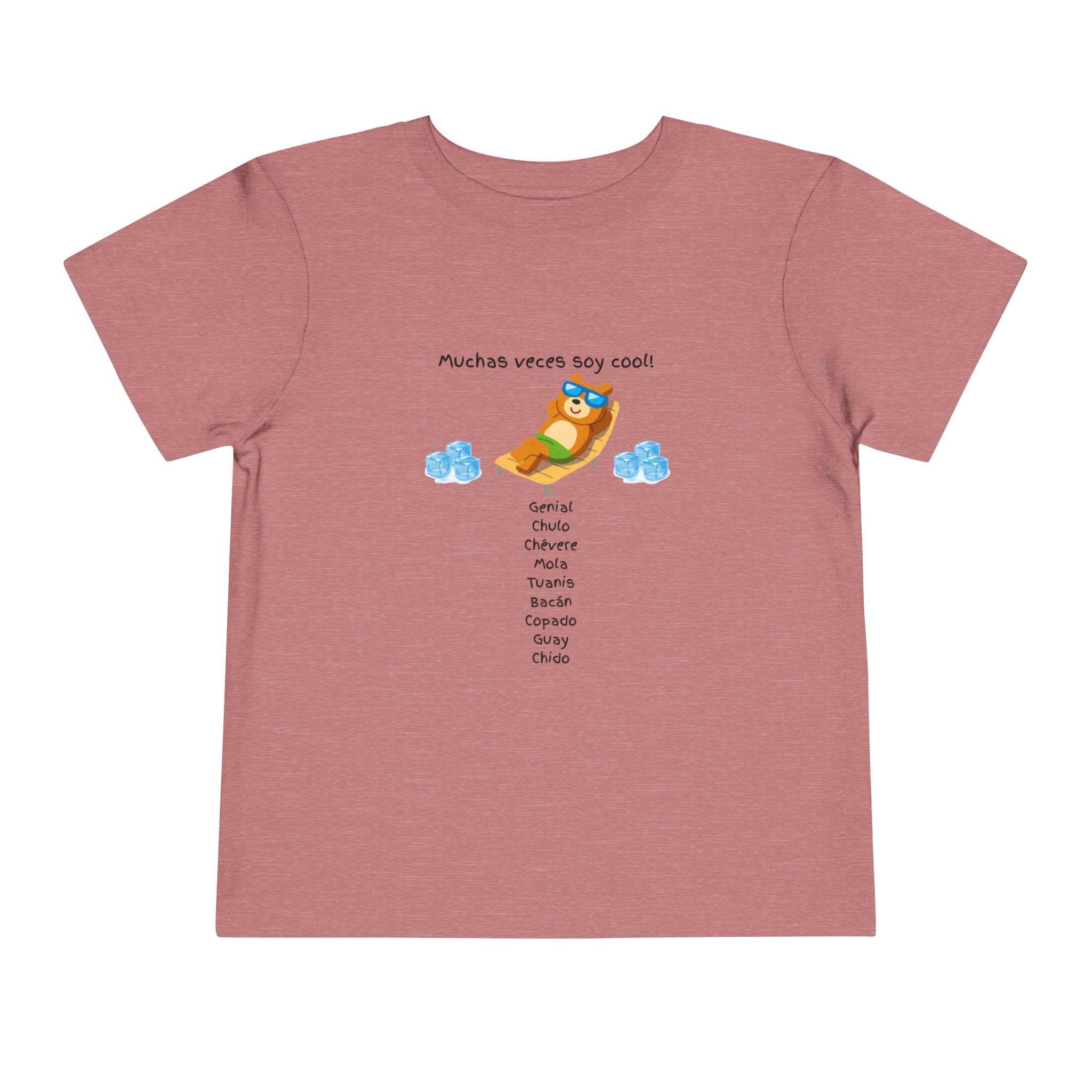 Toddler tee with "Muchas veces soy cool!" Spanish text and bear graphic