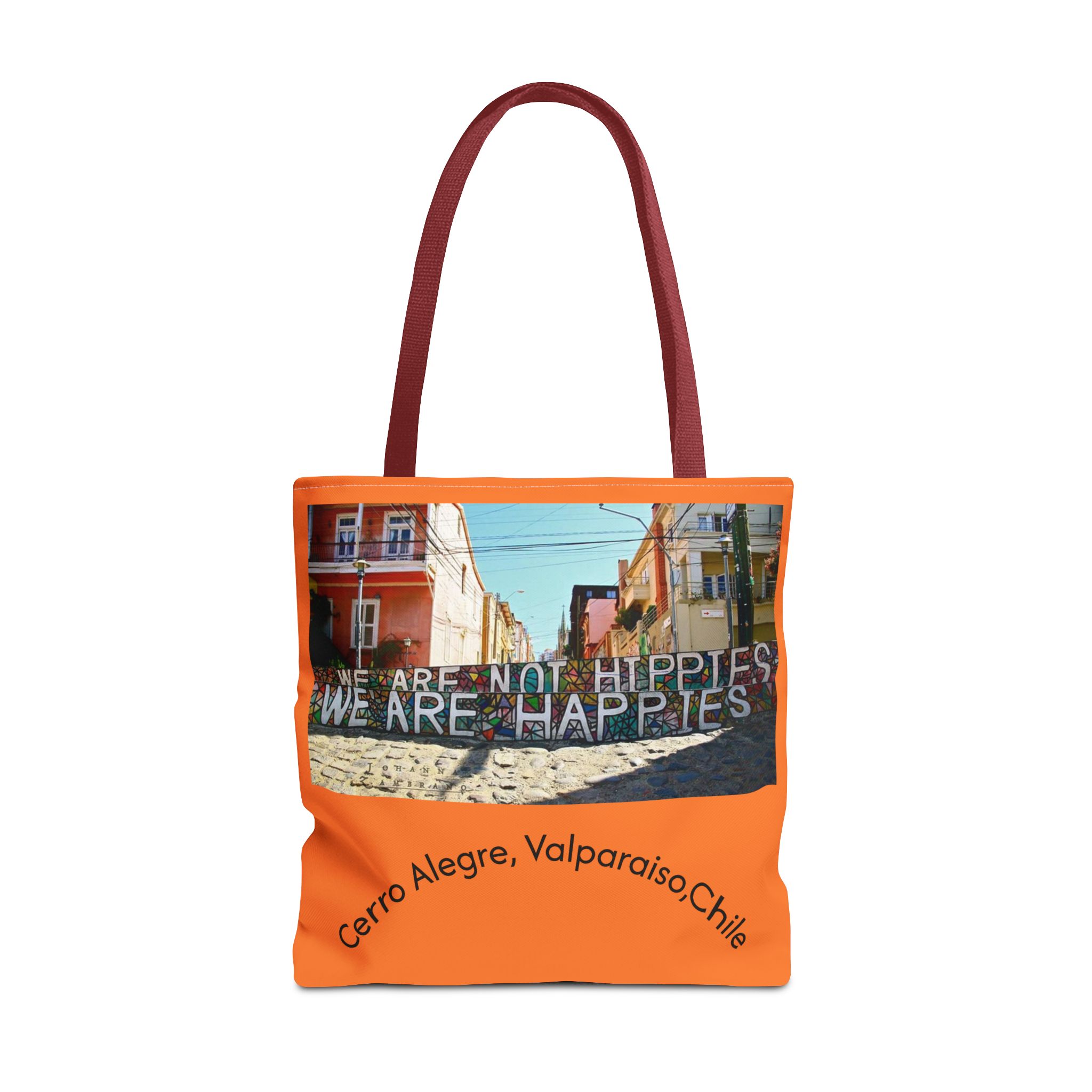 Orange colored Statement Tote bag with Valparaiso Graphic. By Molanizzi