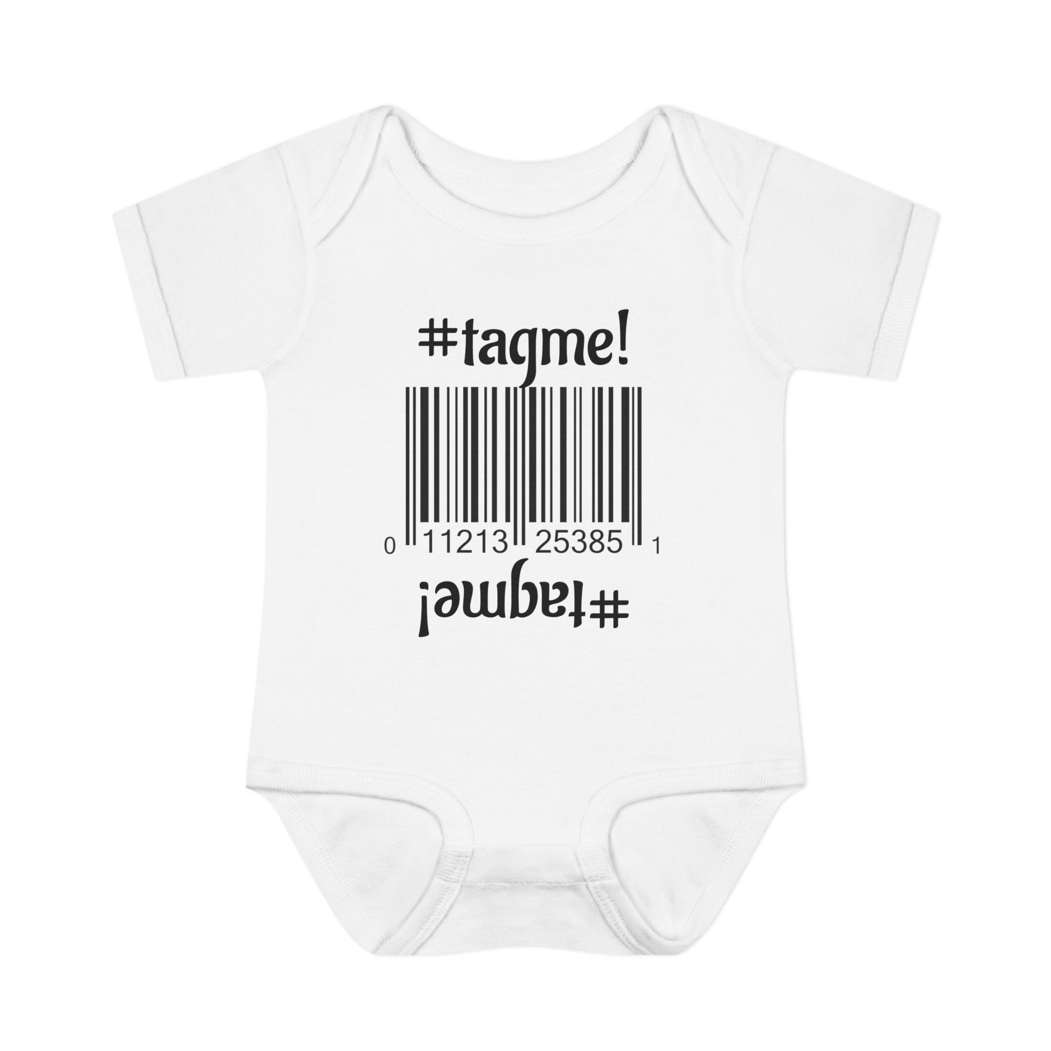 White Cotton baby bodysuit with barcode and #tagme design by Molanizzi