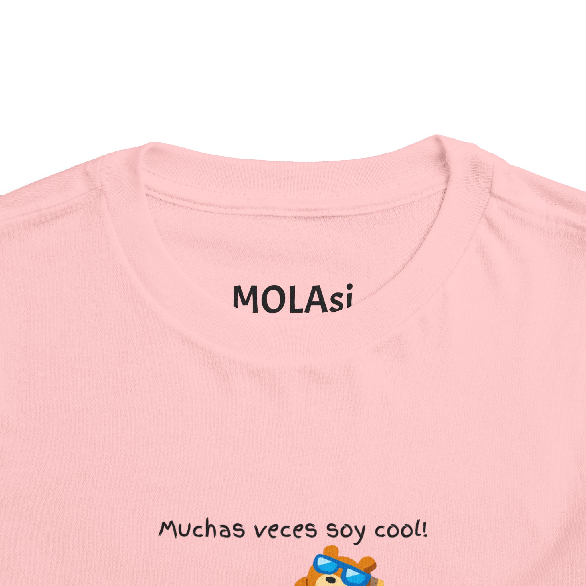 Molanizzi pink toddler tee with "Muchas veces soy cool!" Spanish text and bear graphic