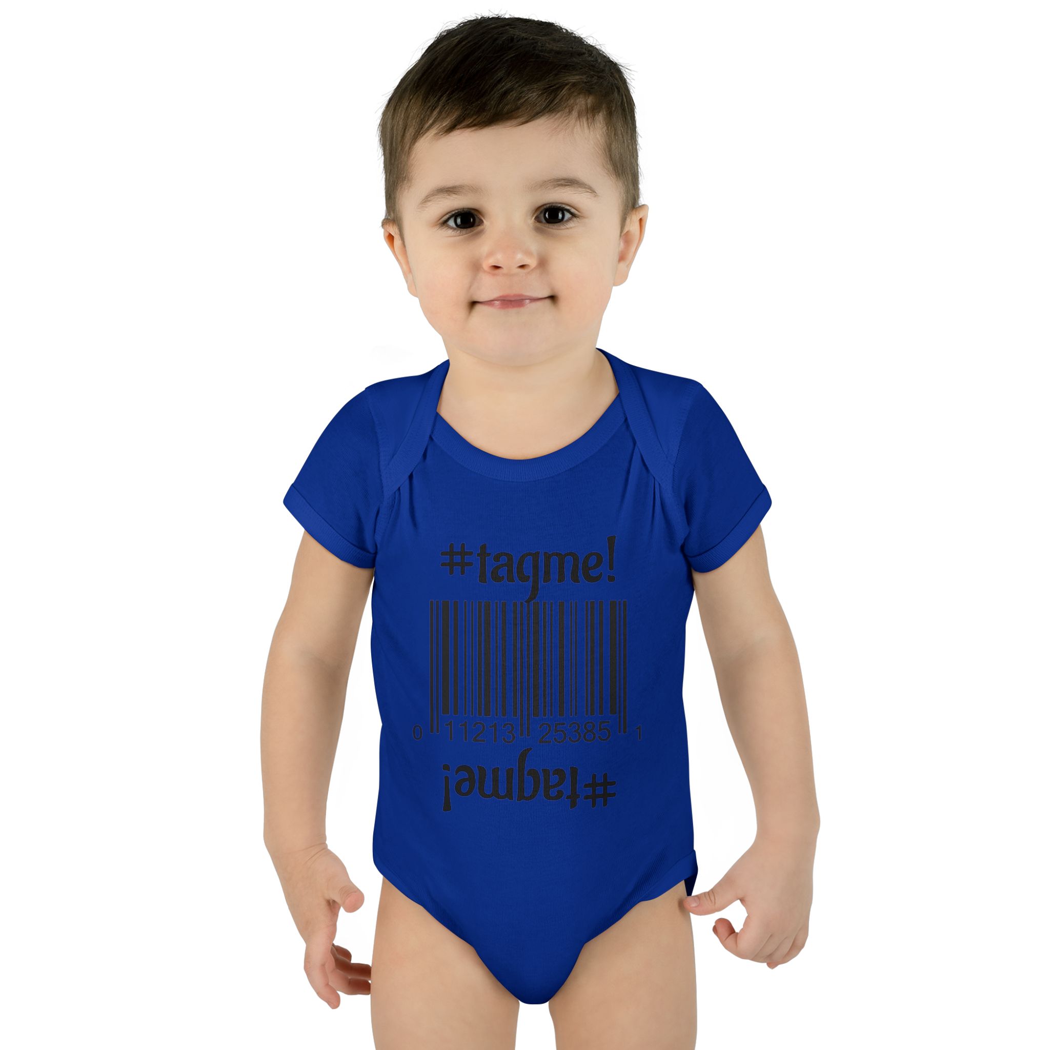 Cotton baby bodysuit with barcode and #tagme design by Molanizzi