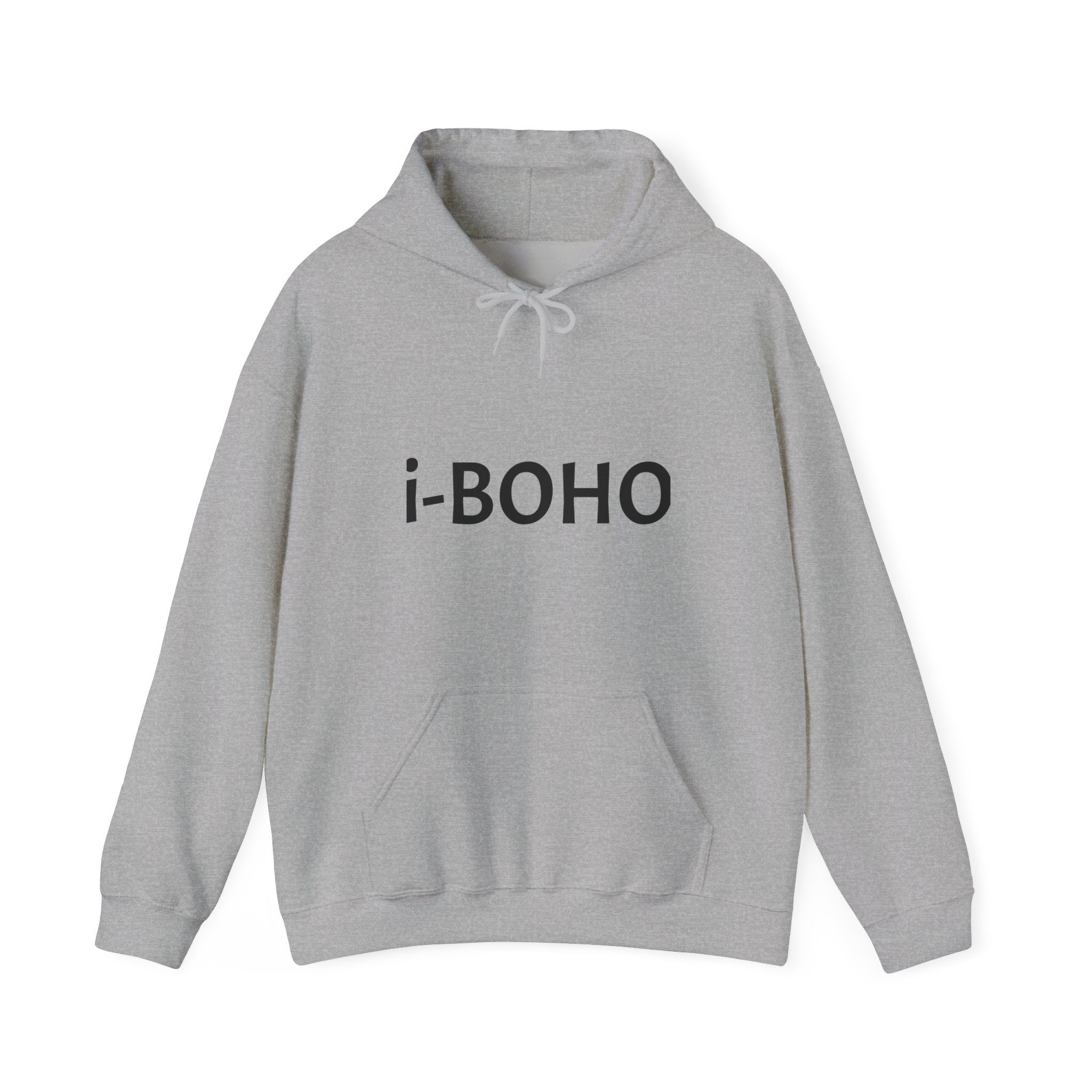 Molanizzi i-Boho grey hoodie. Unisex, comfortable, stylish sweatshirt with "i-BOHO" text.