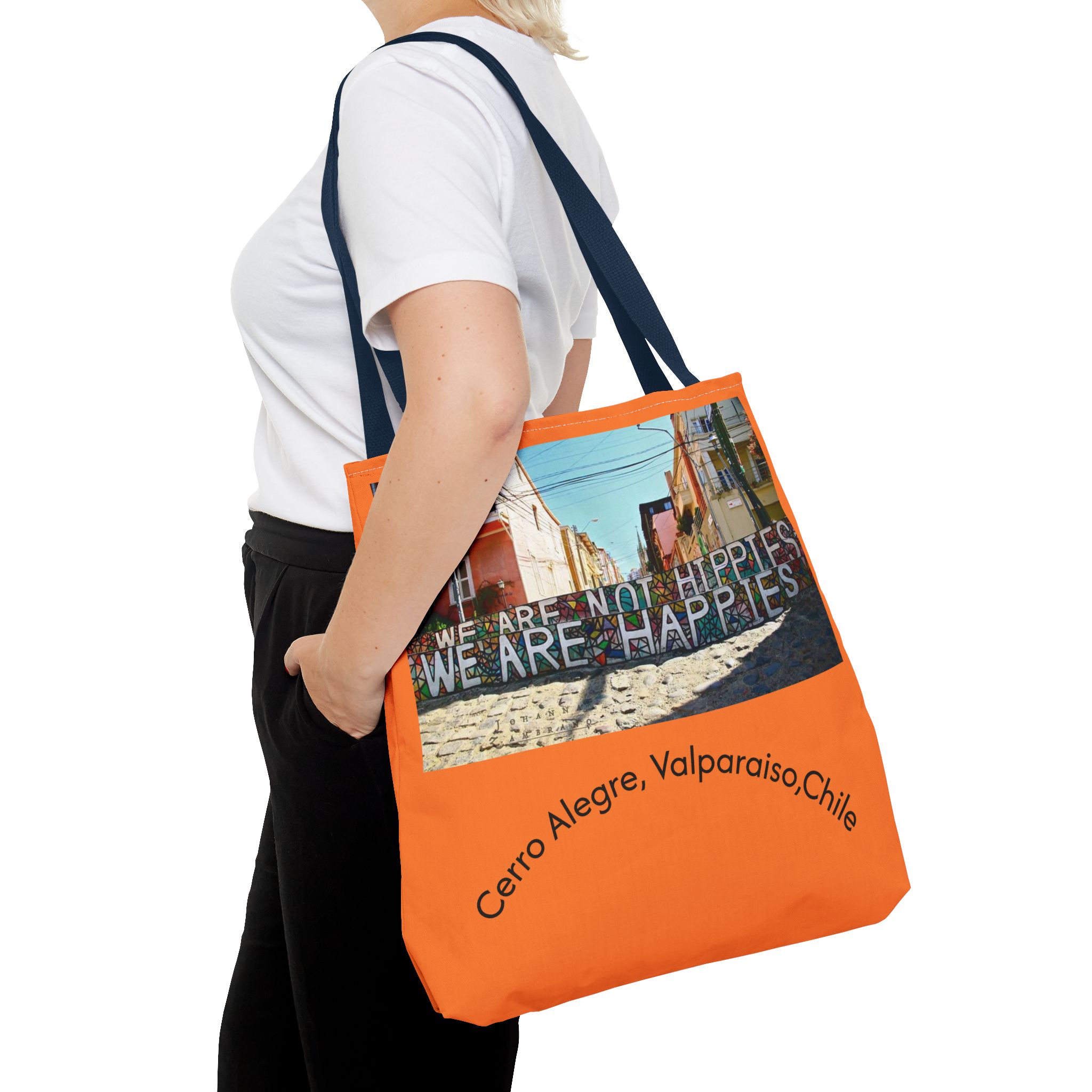 Orange colored Statement Tote bag with Valparaiso Graphic. By Molanizzi
