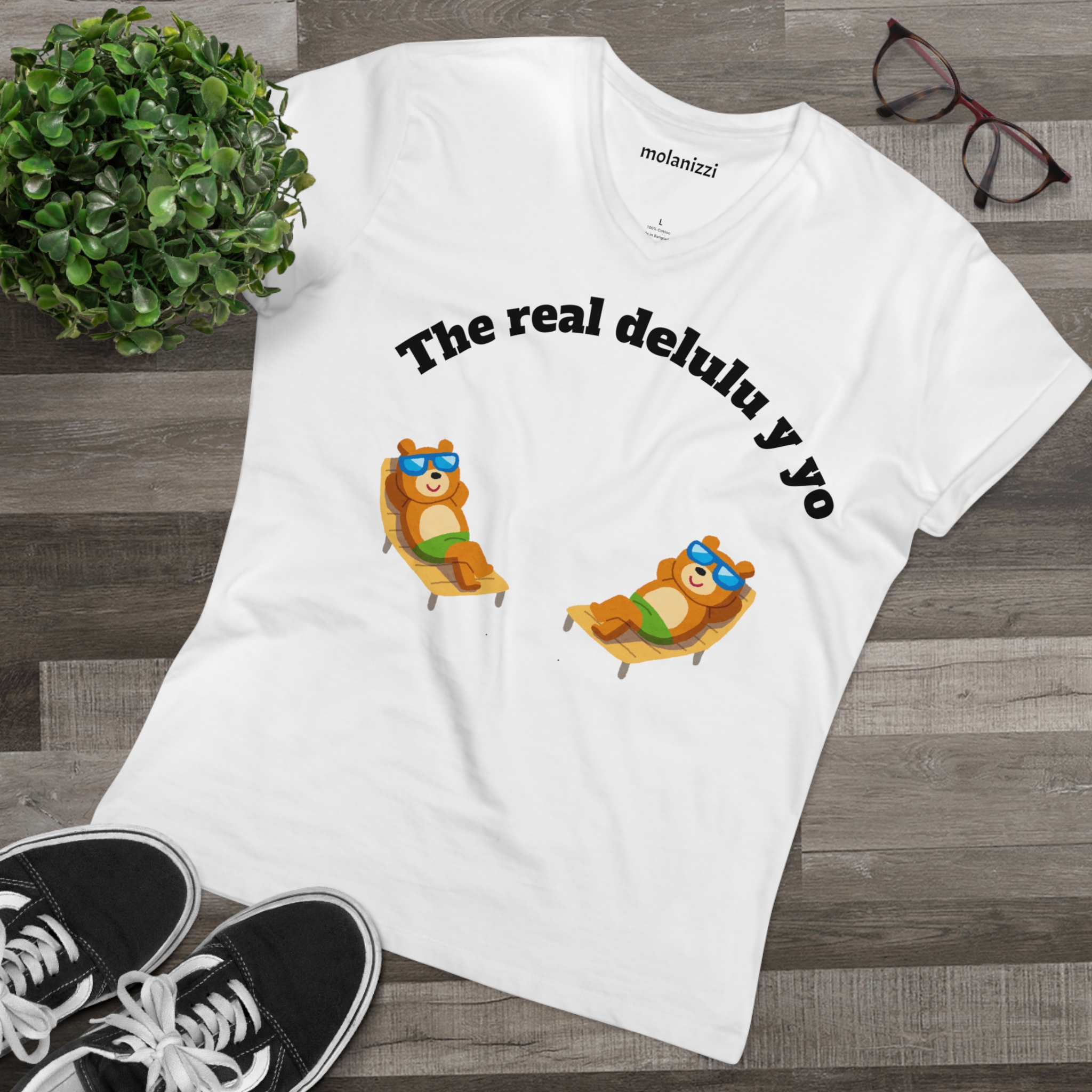 White v-neck tee with "The real delulu y yo" graphic and lounging bears