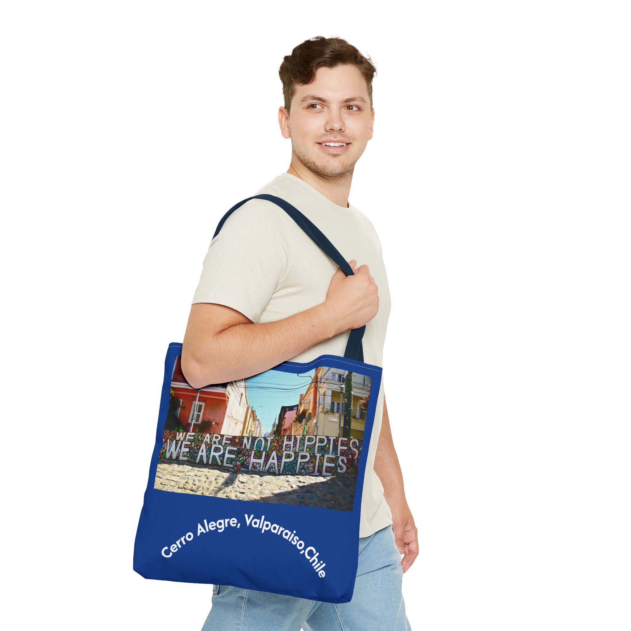 Molanizzi blue canvas travel tote bag with Valparaiso graffiti print.