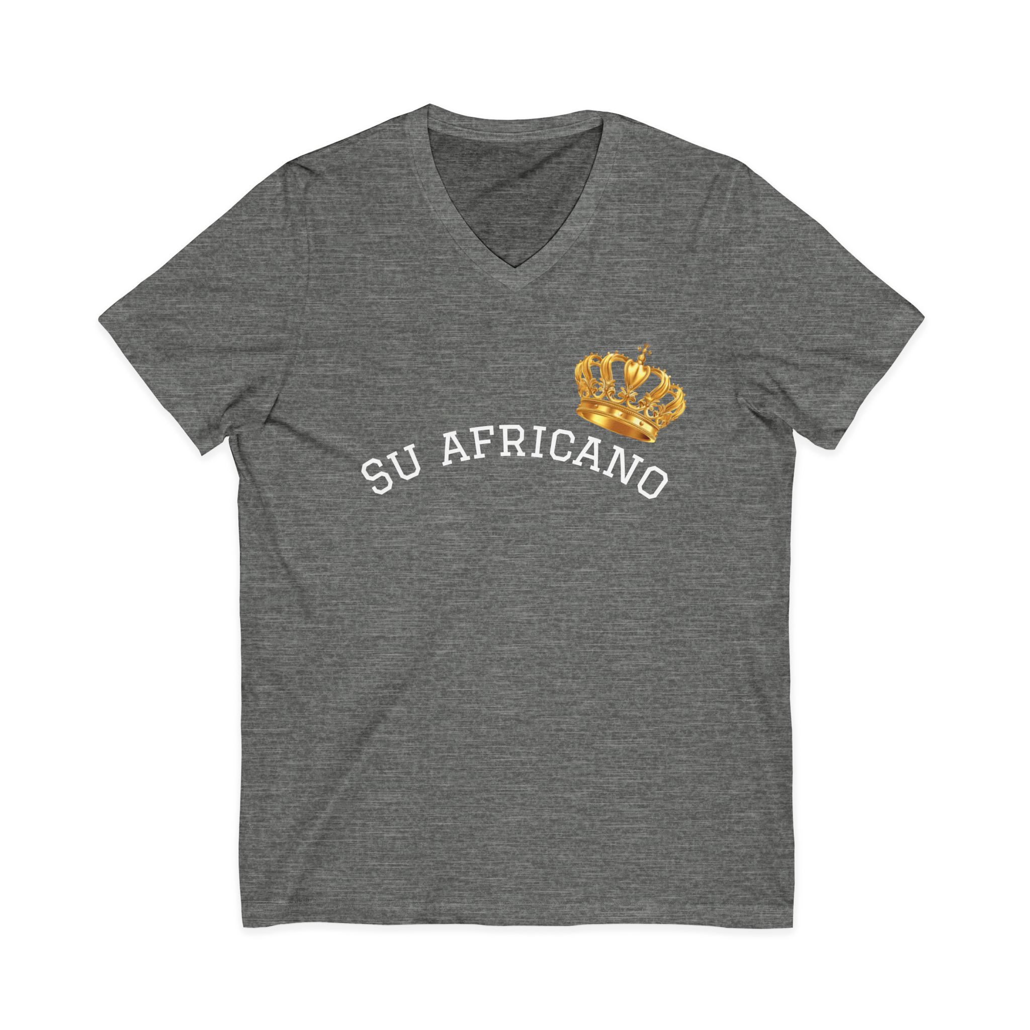 Unisex V-neck tee with "Su Africano" text and gold crown graphic