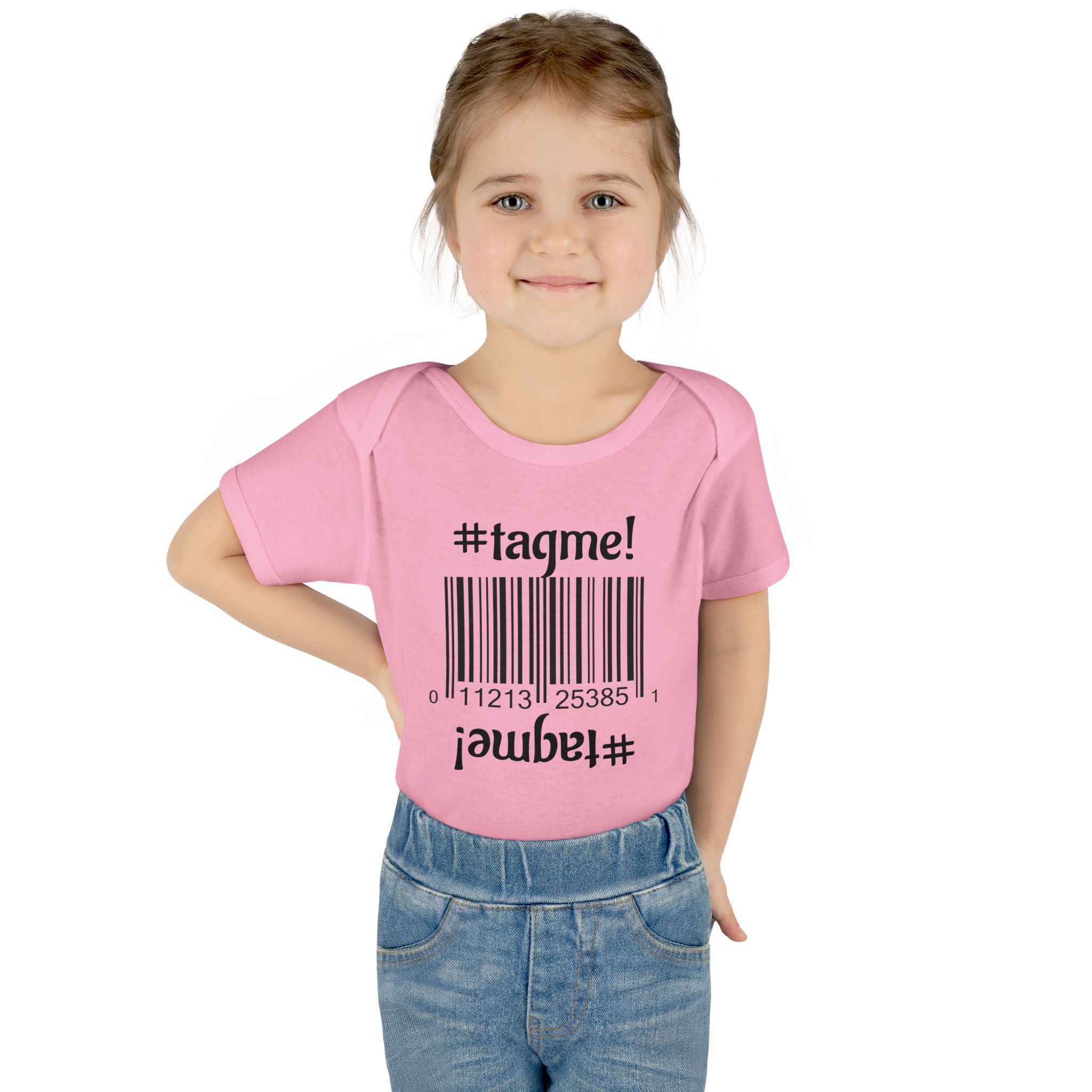 Cotton baby bodysuit with barcode and #tagme design by Molanizzi