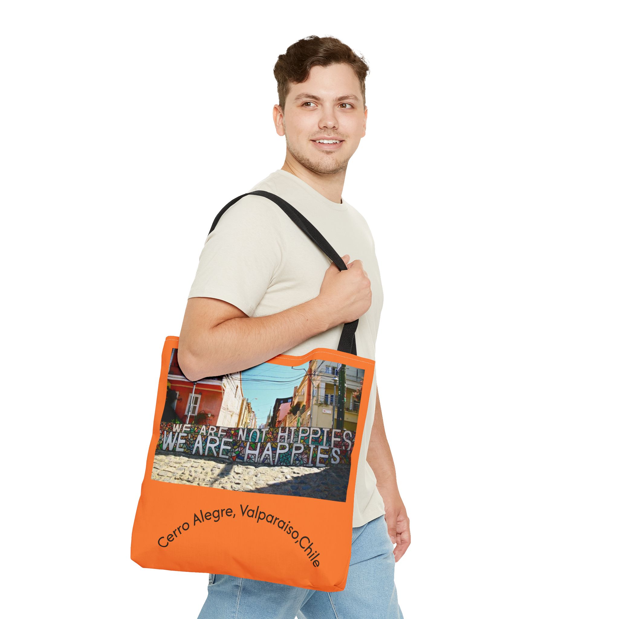 Orange colored Statement Tote bag with Valparaiso Graphic. By Molanizzi