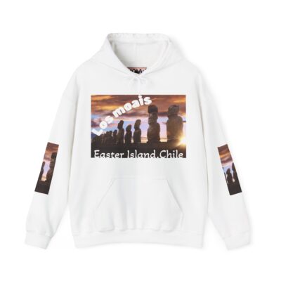 Hoodie sweatshirt with Easter Island Moai graphic and text. By Molanizzi