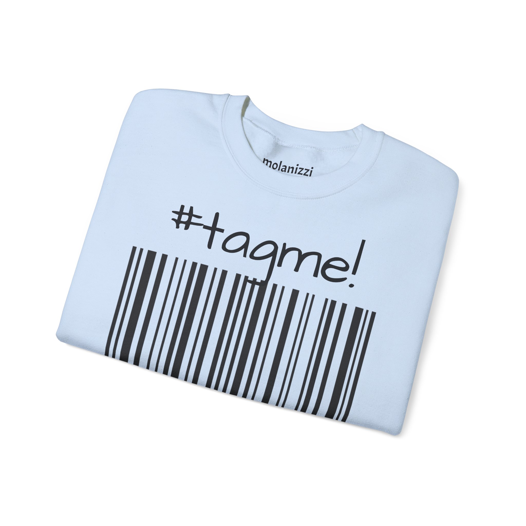 Crewneck sweatshirt with "#tagme!" barcode graphic by Molanizzi