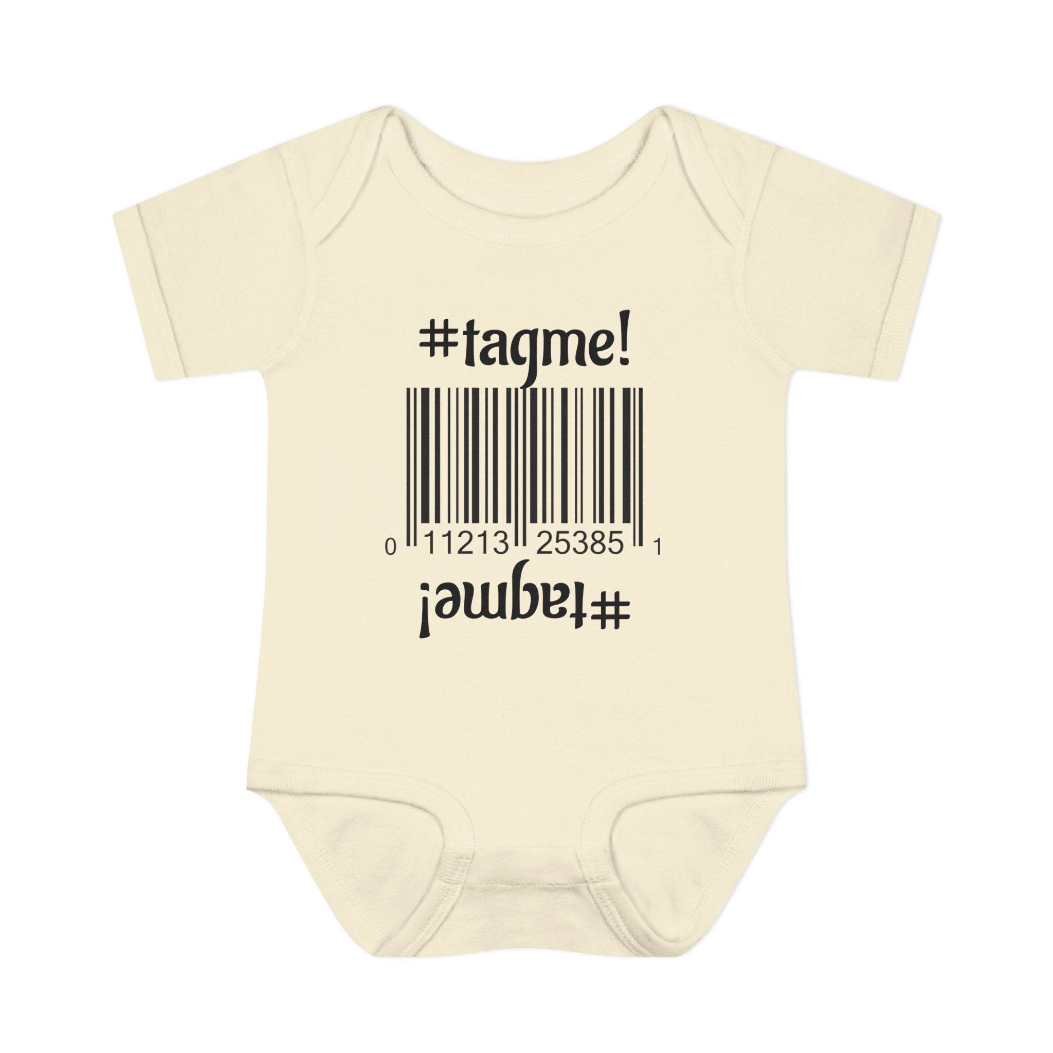 Cotton baby bodysuit with barcode and #tagme design by Molanizzi