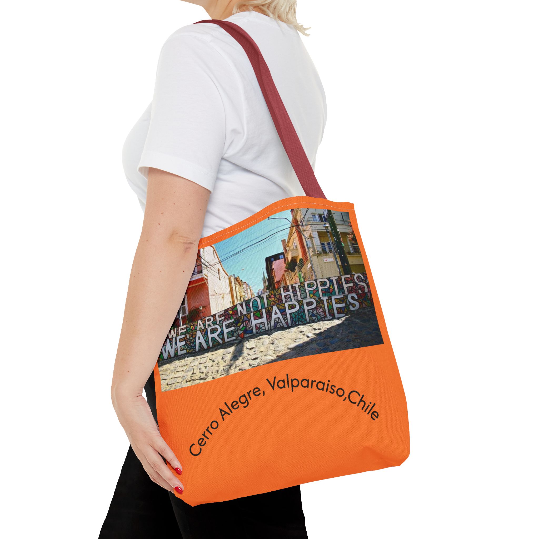 Orange colored Statement Tote bag with Valparaiso Graphic. By Molanizzi