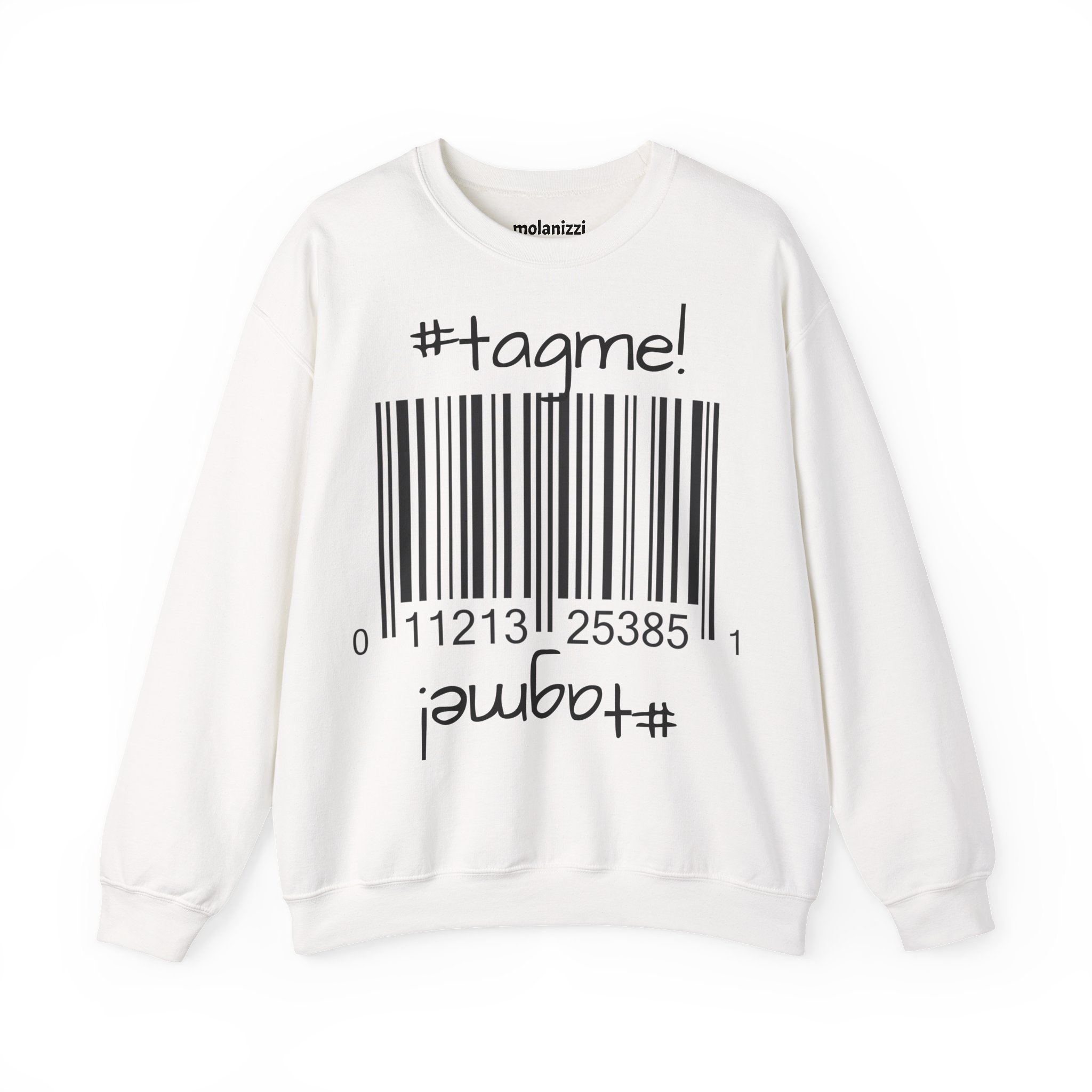 Crewneck sweatshirt with "#tagme!" barcode graphic by Molanizzi