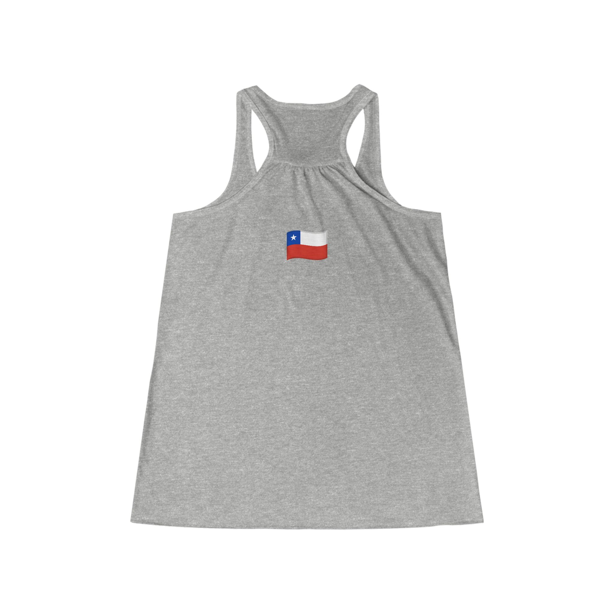 Molanizzi gray racerback tank top with Chilean flag. Women's flowy top, perfect for summer, casual outings, gifts, travel.