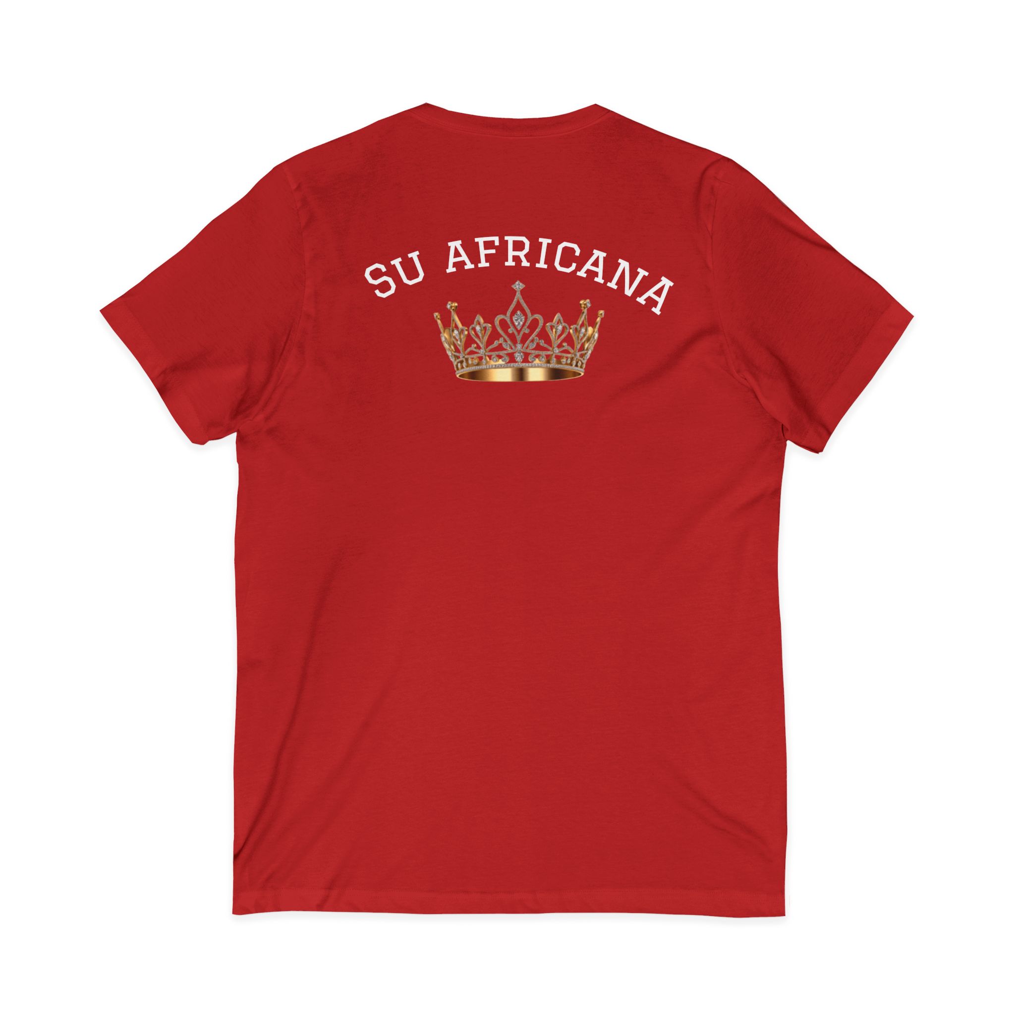 Molanizzi red v-neck tee with "Su Africana" & crown graphic, unisex casual fashion