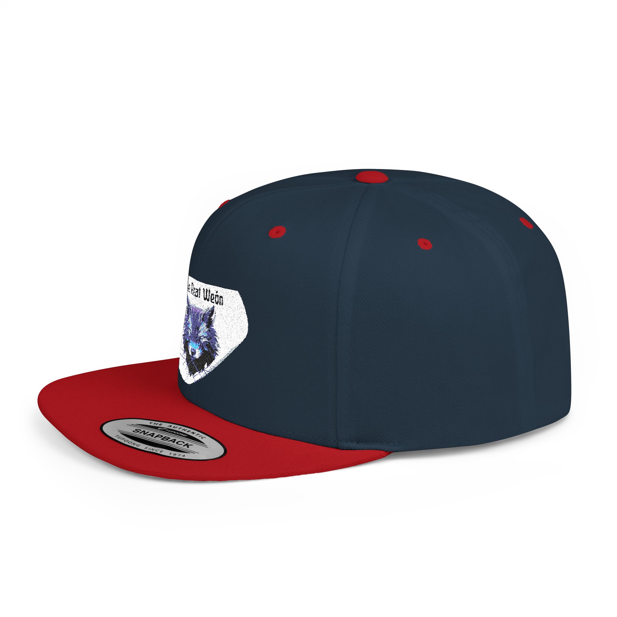 Flat bill snapback hat with a wolf graphic by Molanizzi