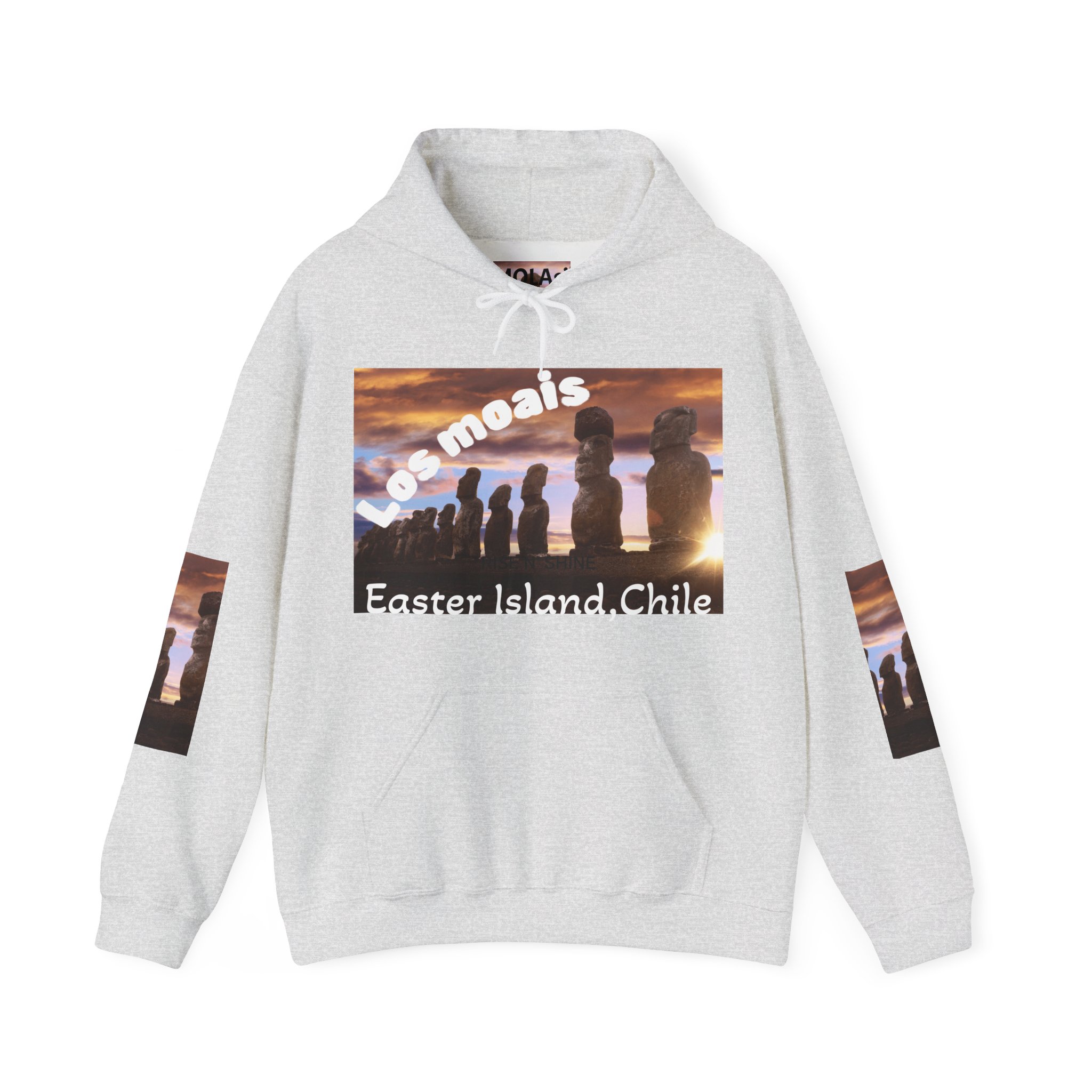 Hoodie sweatshirt with Easter Island Moai graphic and text. By Molanizzi
