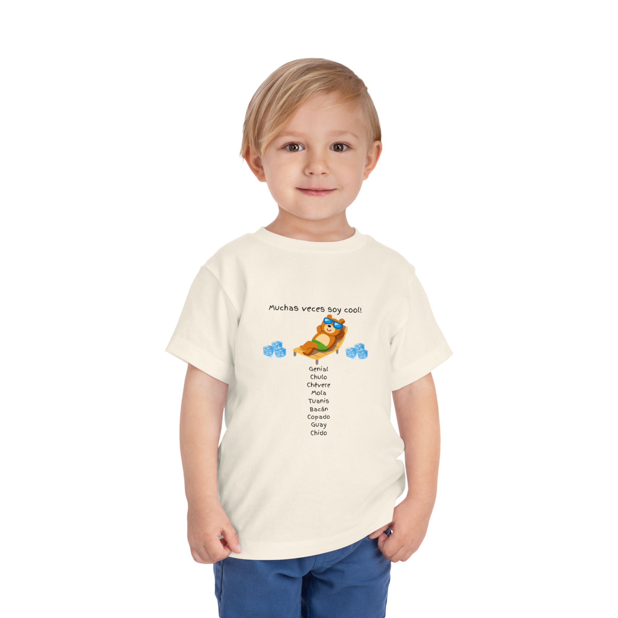 Toddler tee with "Muchas veces soy cool!" Spanish text and bear graphic