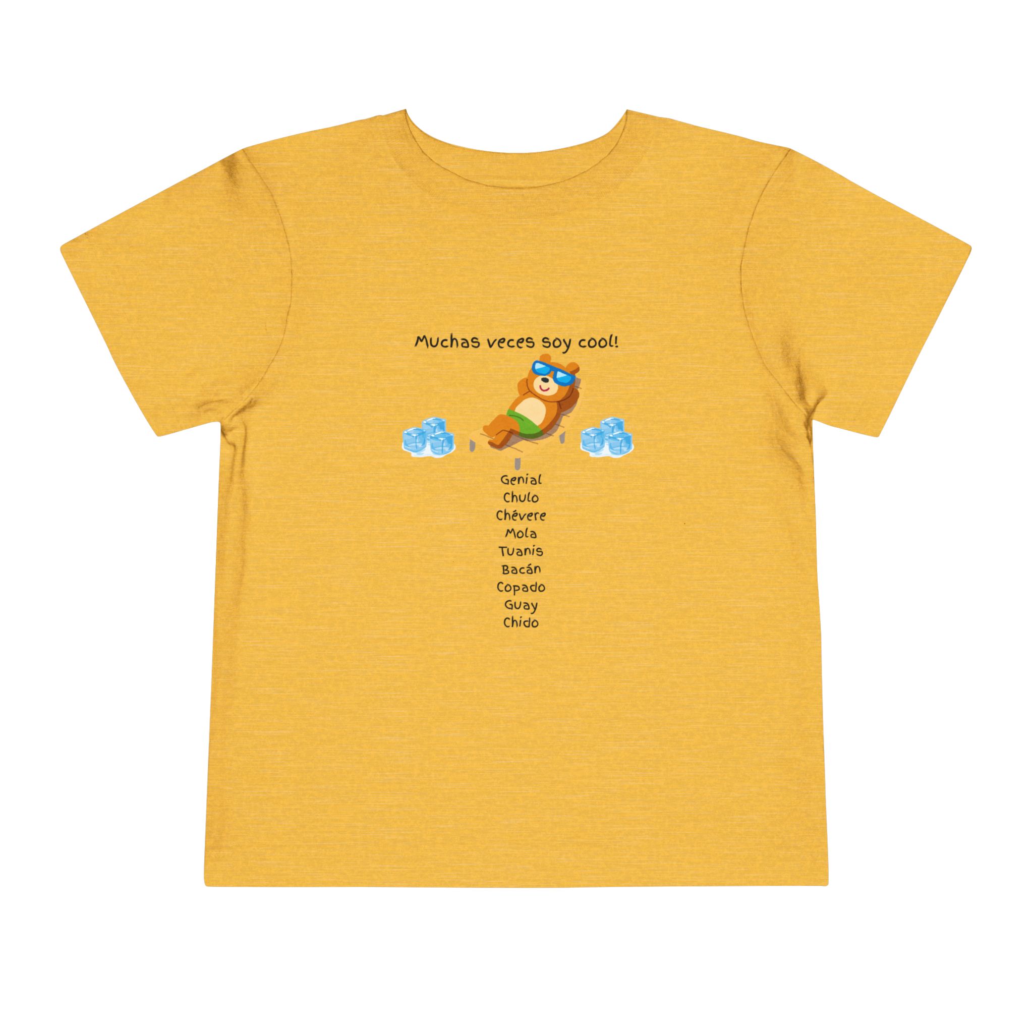 Toddler tee with "Muchas veces soy cool!" Spanish text and bear graphic