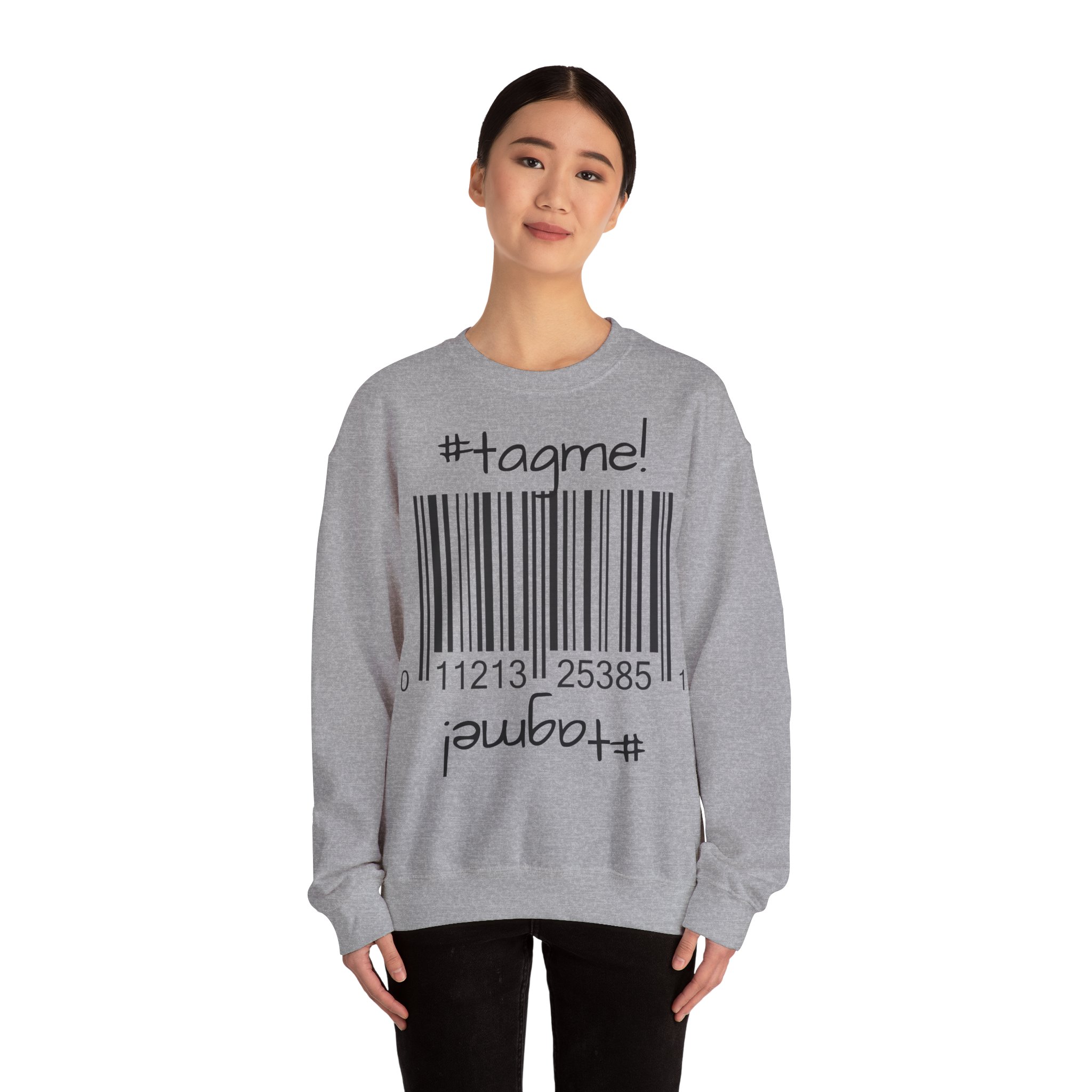 Crewneck sweatshirt with "#tagme!" barcode graphic by Molanizzi