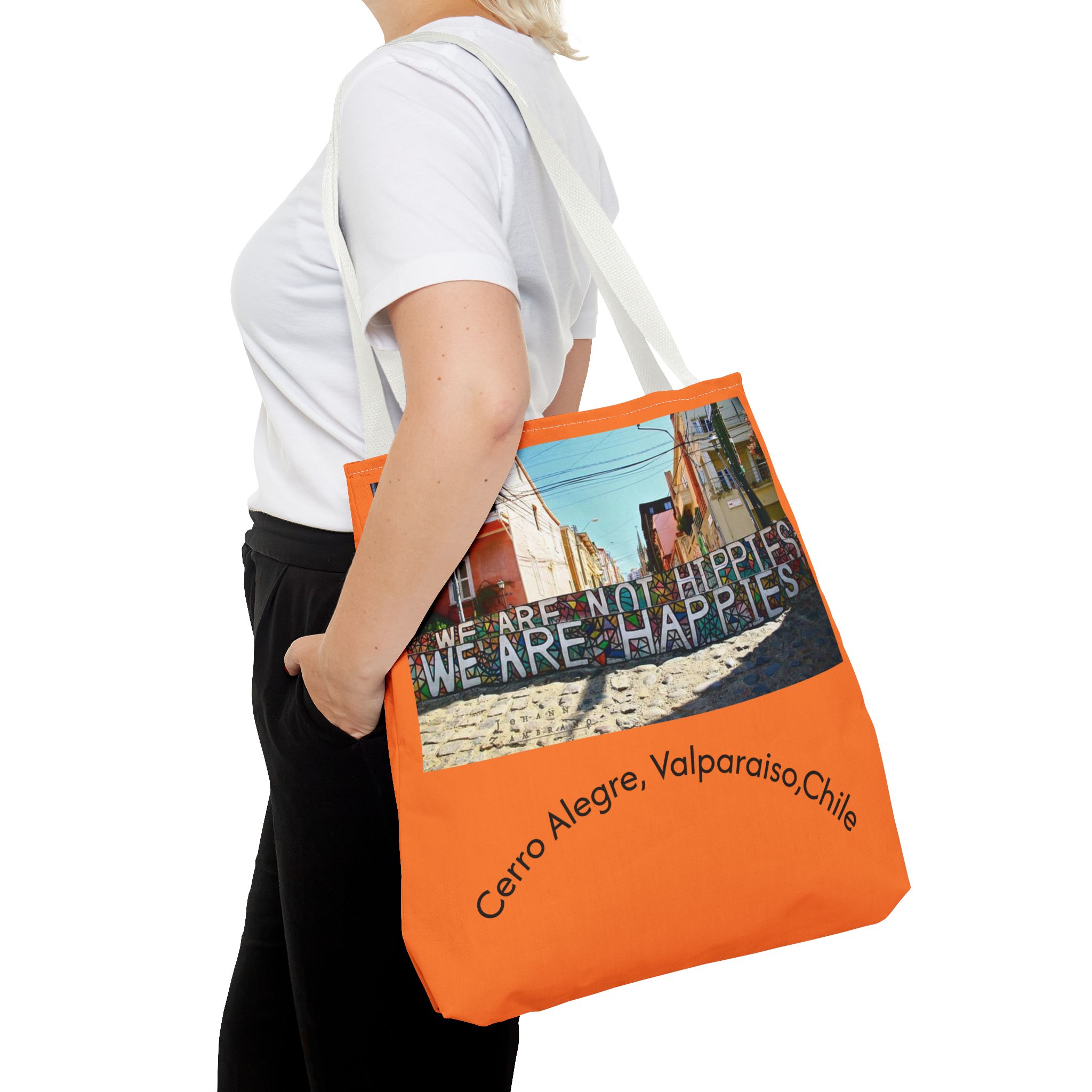 Orange colored Statement Tote bag with Valparaiso Graphic. By Molanizzi