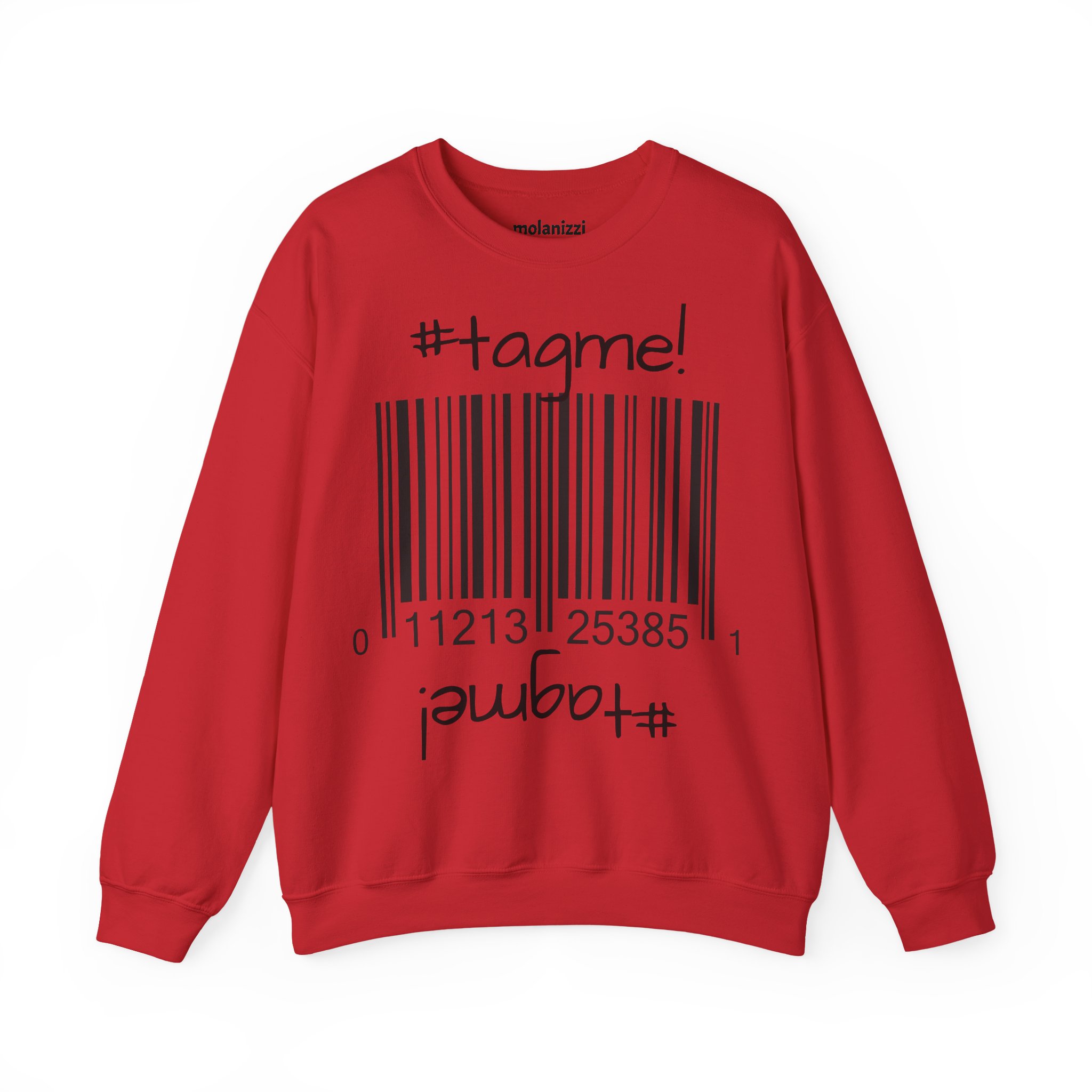 Crewneck sweatshirt with "#tagme!" barcode graphic by Molanizzi
