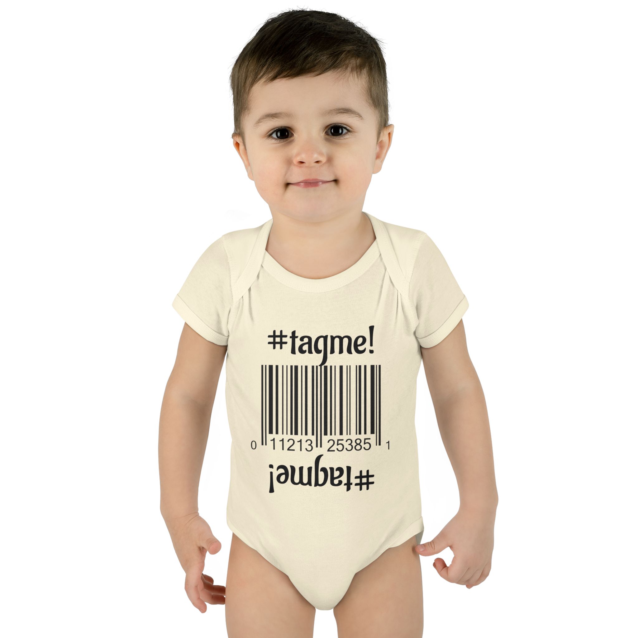 Cotton baby bodysuit with barcode and #tagme design by Molanizzi