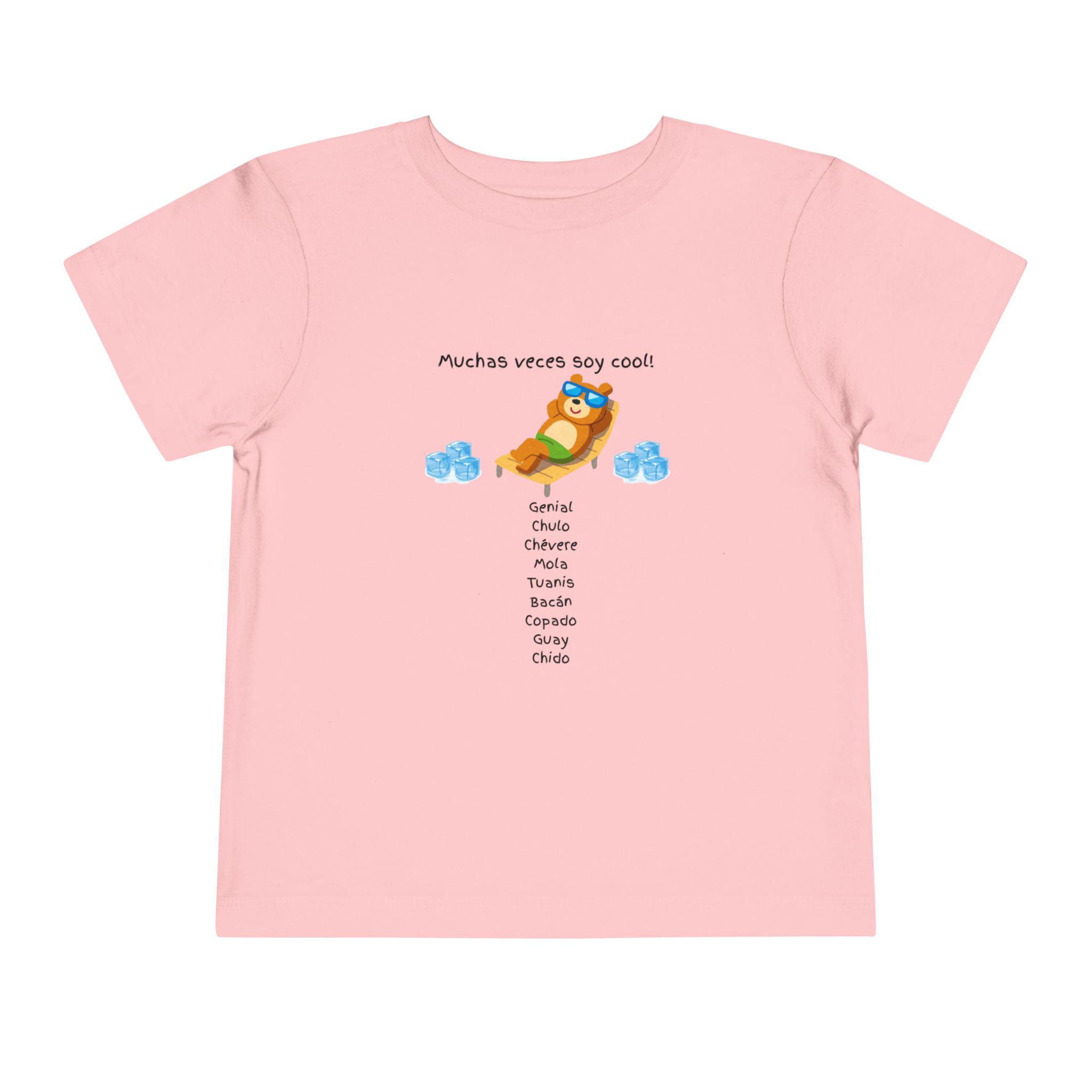 Toddler tee with "Muchas veces soy cool!" Spanish text and bear graphic