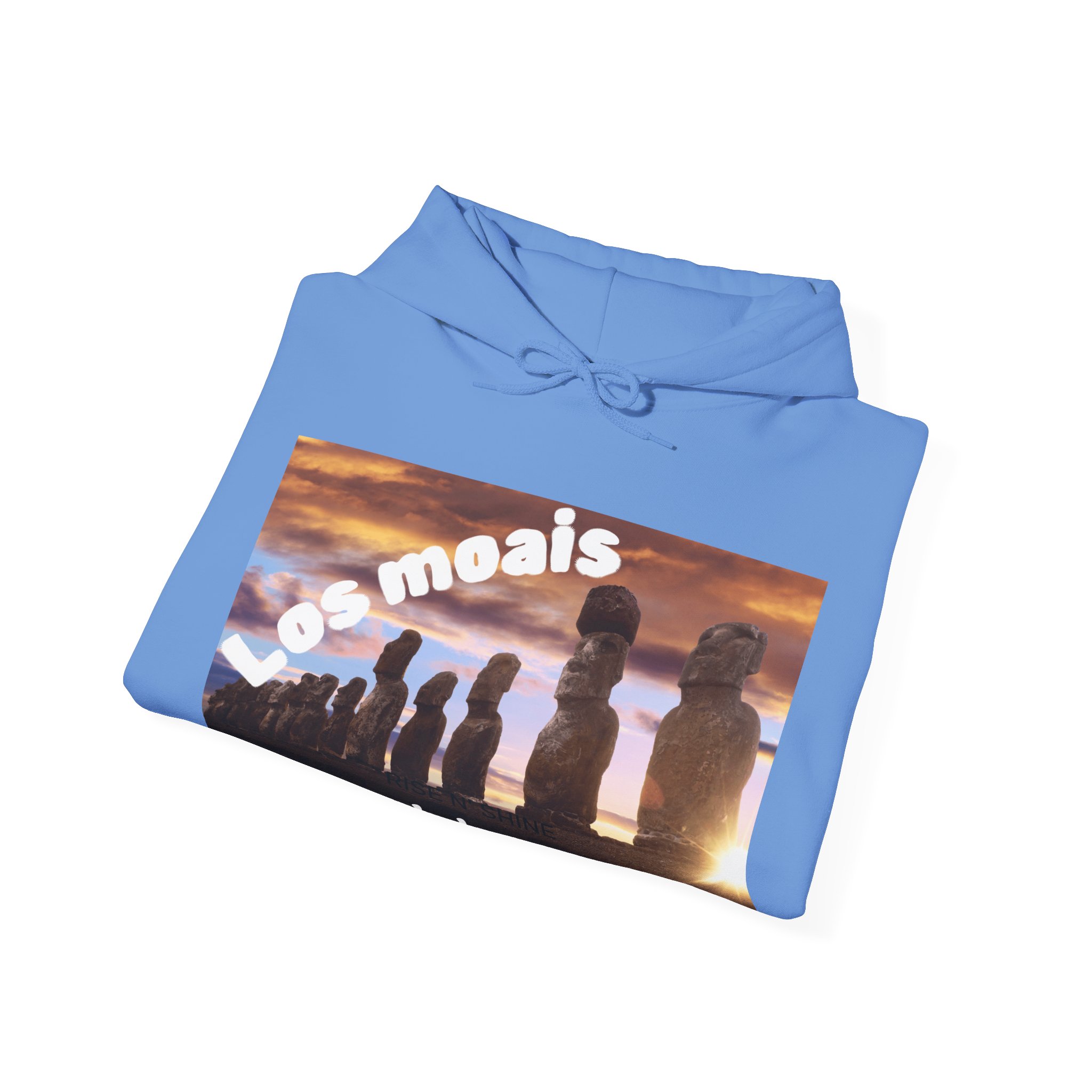 Molanizzi blue unisex hooded sweatshirt with Easter Island Moai graphic and "Los moais" text.