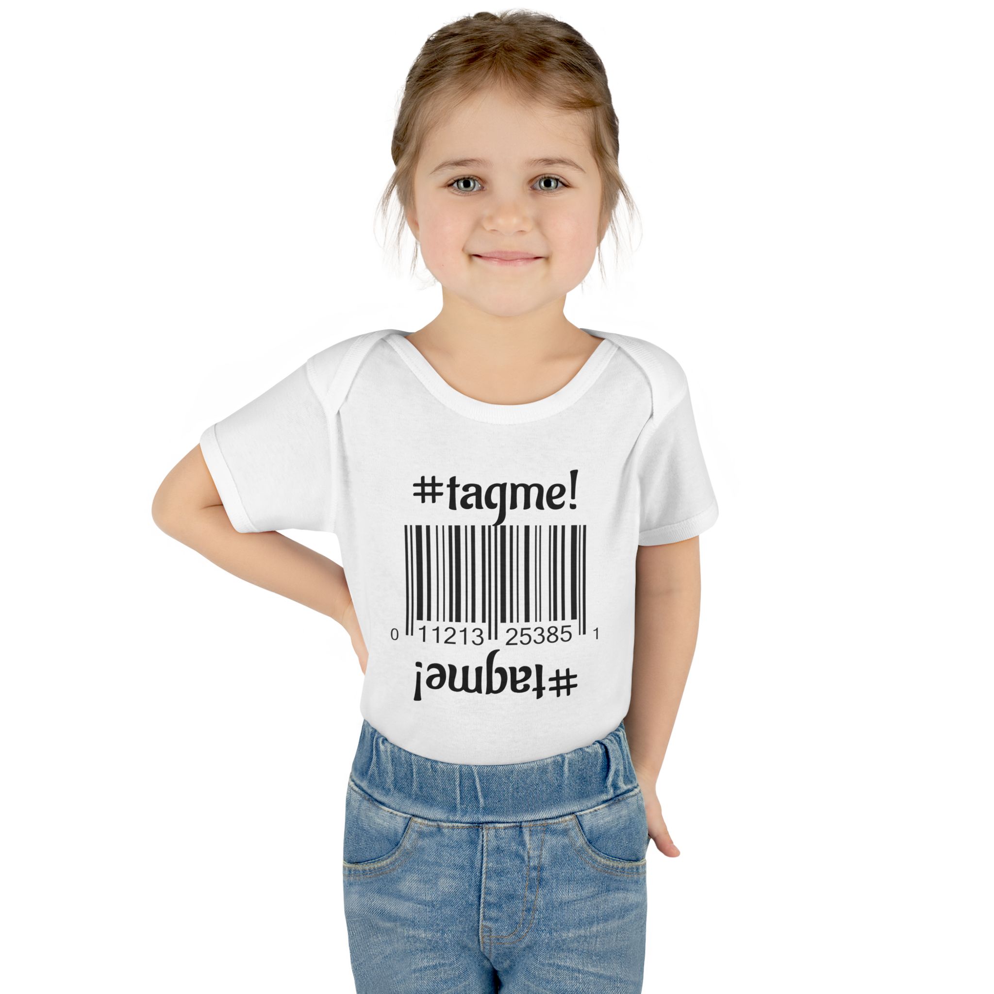 Cotton baby bodysuit with barcode and #tagme design by Molanizzi