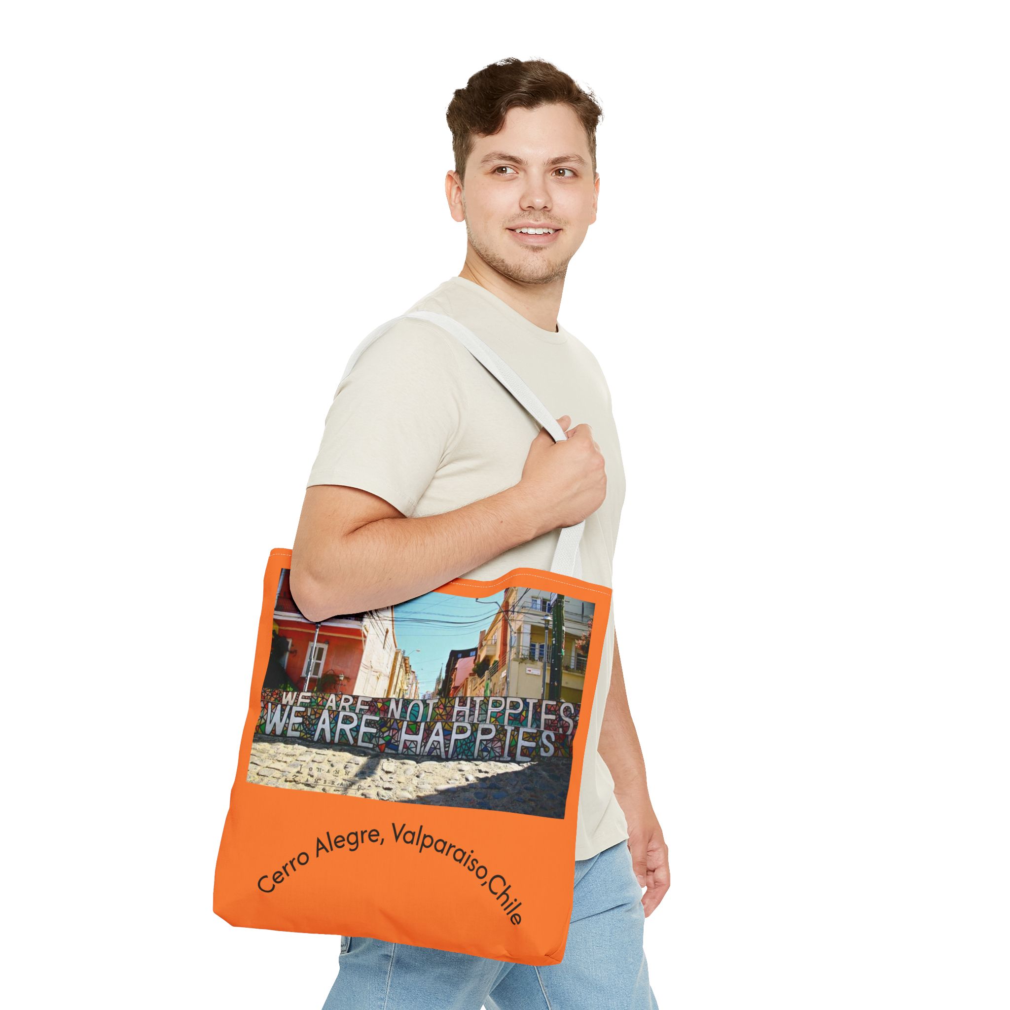 Orange colored Statement Tote bag with Valparaiso Graphic. By Molanizzi