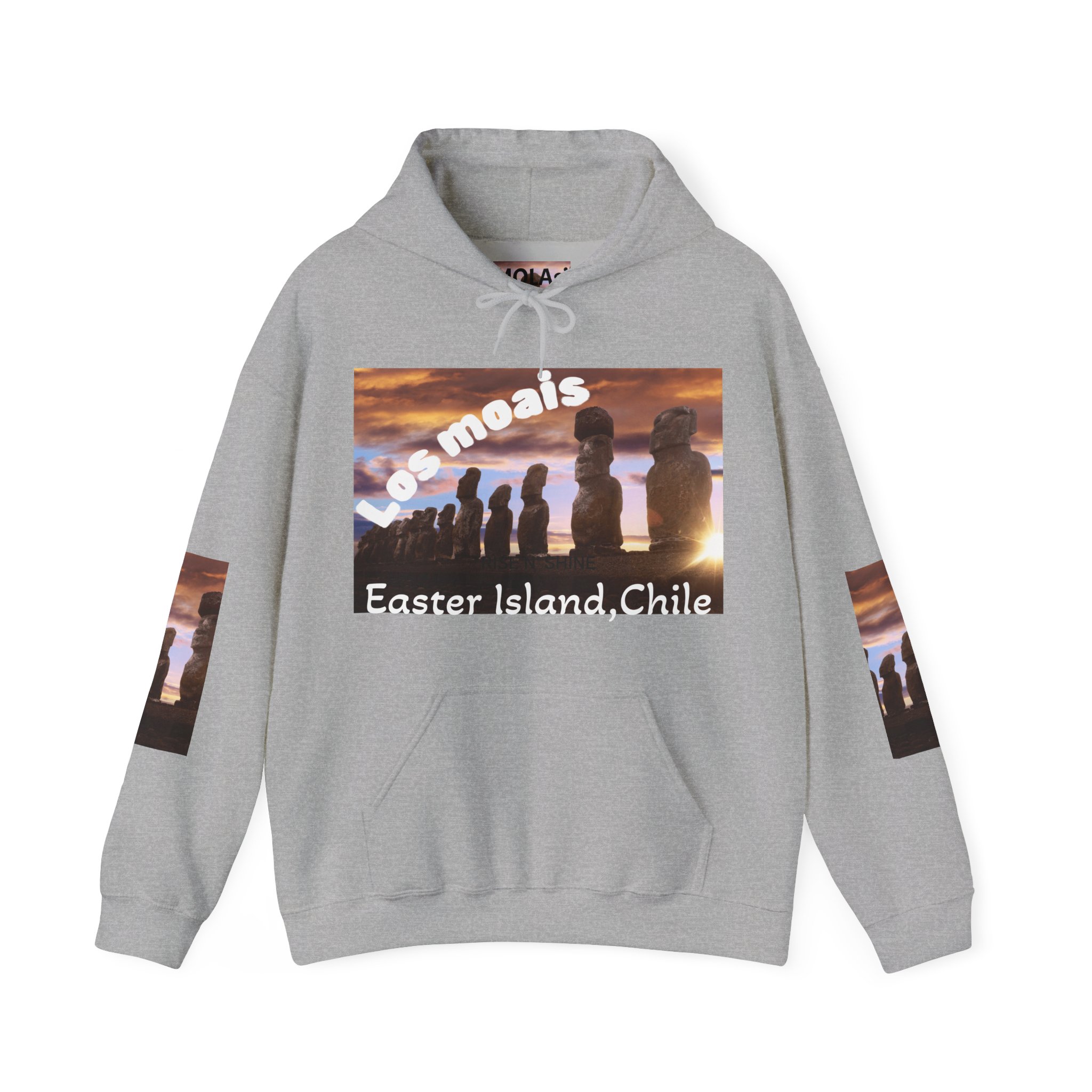 Hoodie sweatshirt with Easter Island Moai graphic and text. By Molanizzi